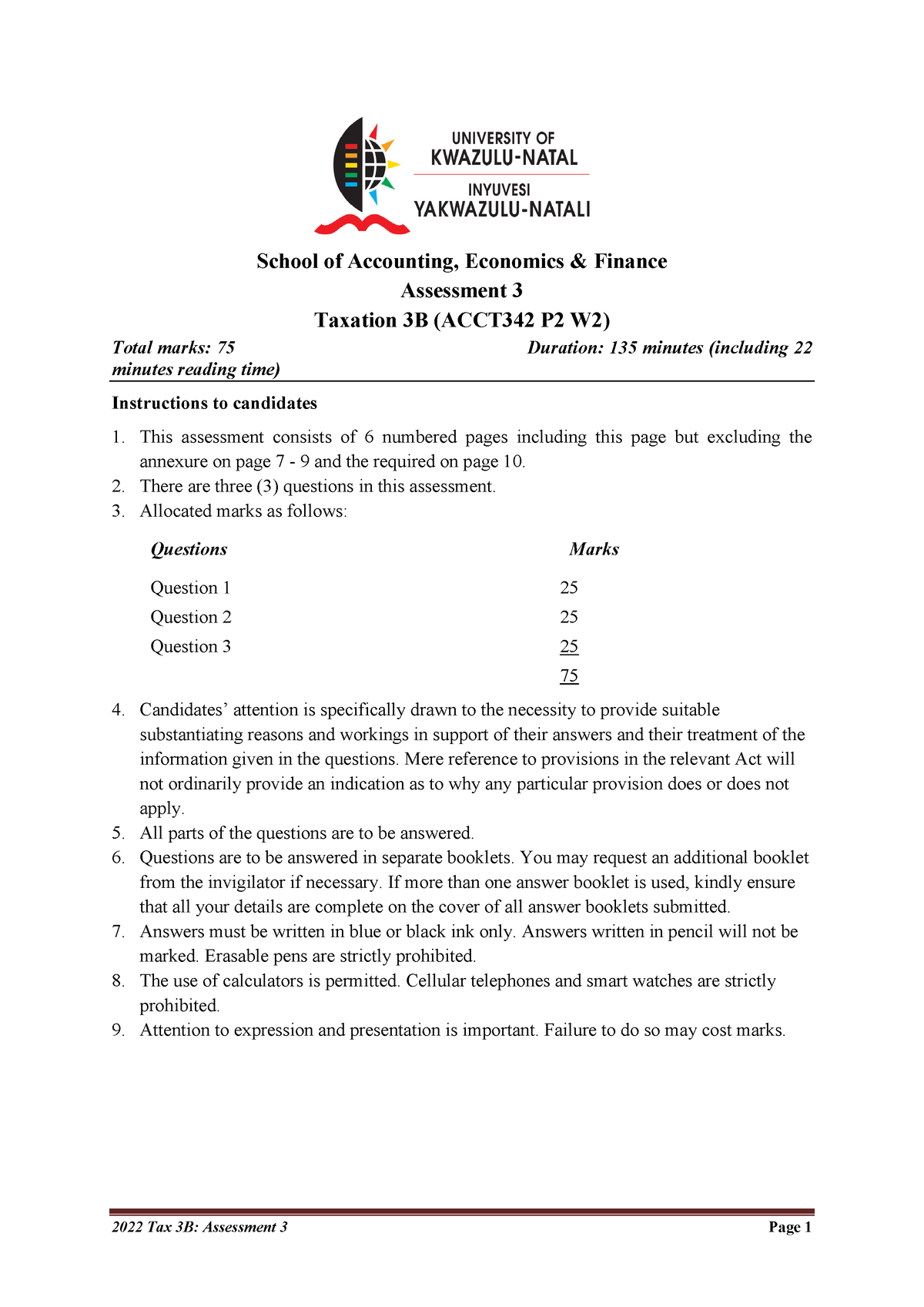 2022 3B Assessment 3 Q - Past Paper - School Of Accounting, Economics ...