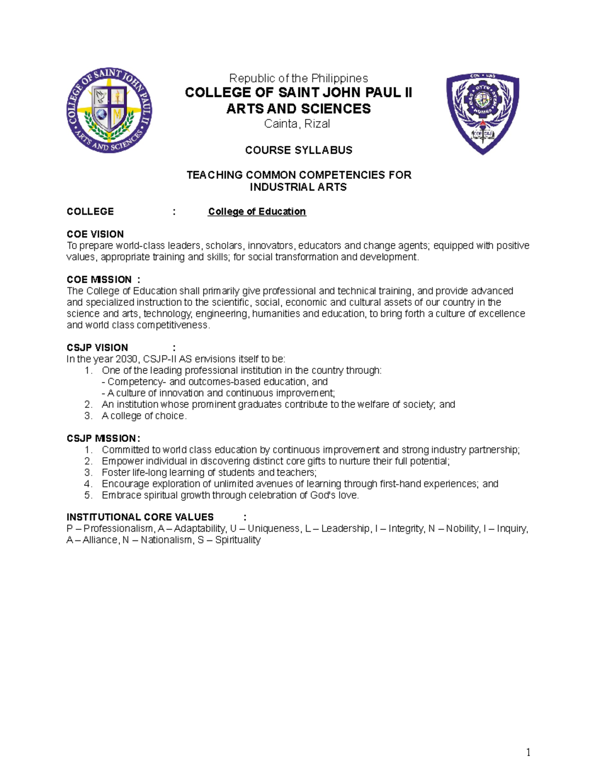 BT 129 Teaching Common Comp for Ind Arts Republic of the