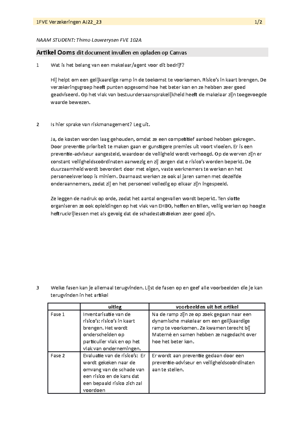 Vragen Artikel Ooms - Ooms - 1FVE Verzekeringen AJ22_23 1/ NAAM STUDENT ...