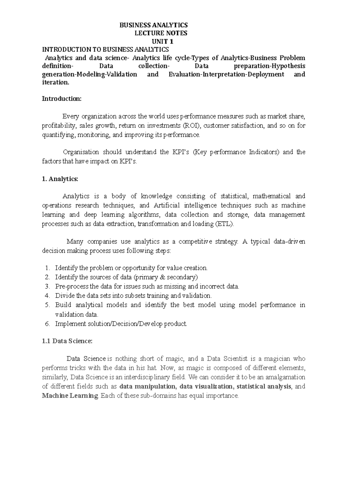 Unit-1 - hhii - BUSINESS ANALYTICS LECTURE NOTES UNIT 1 INTRODUCTION TO ...