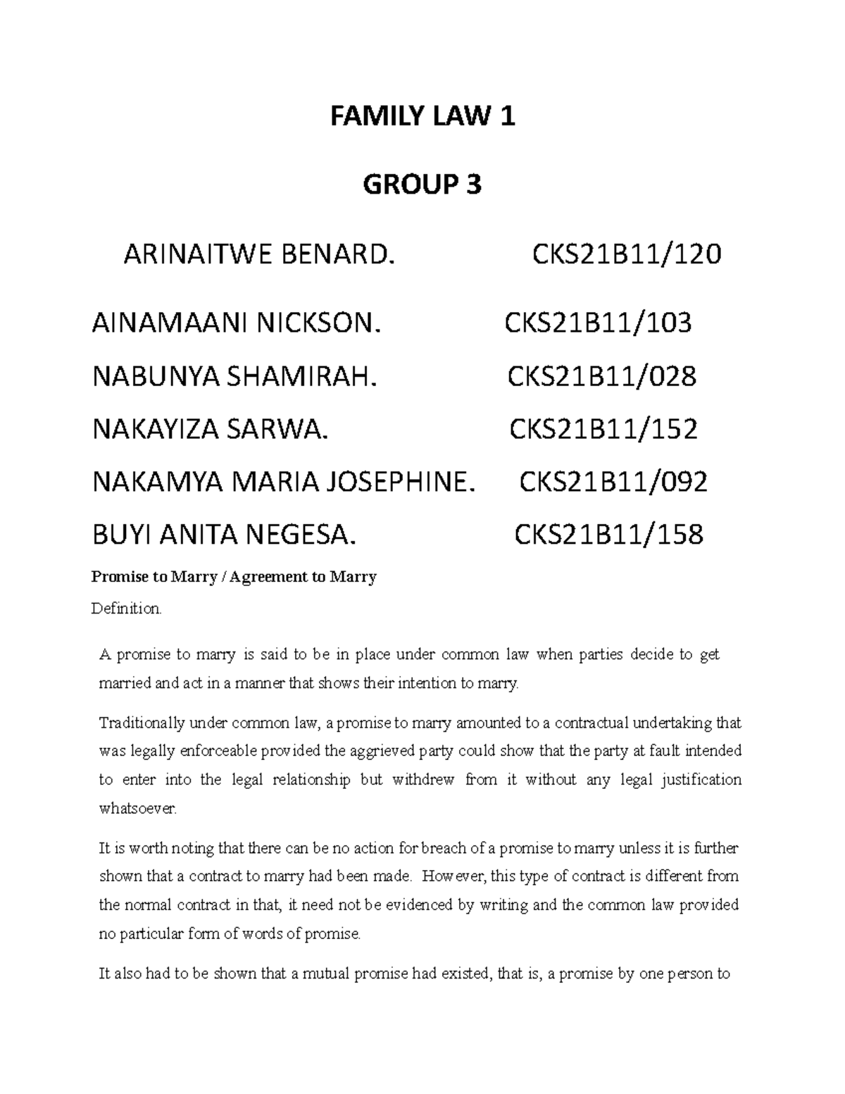 Family Law group work FAMILY LAW 1 GROUP 3 ARINAITWE BENARD. CKS21B11