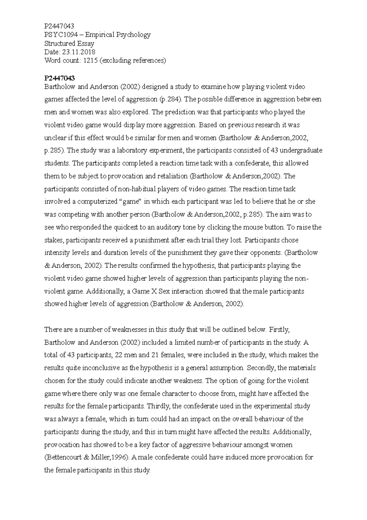 university psychology essay structure