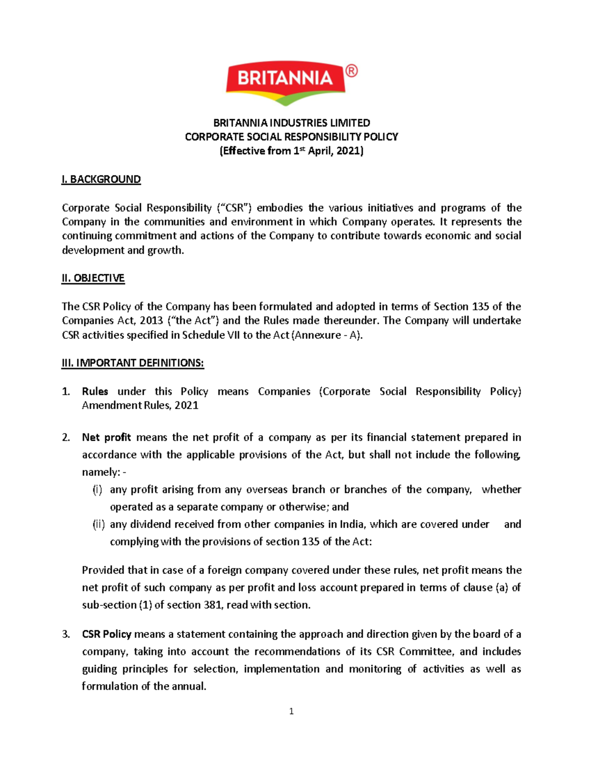 Britania-CSR - Lecture notes 2 - BRITANNIA INDUSTRIES LIMITED CORPORATE ...