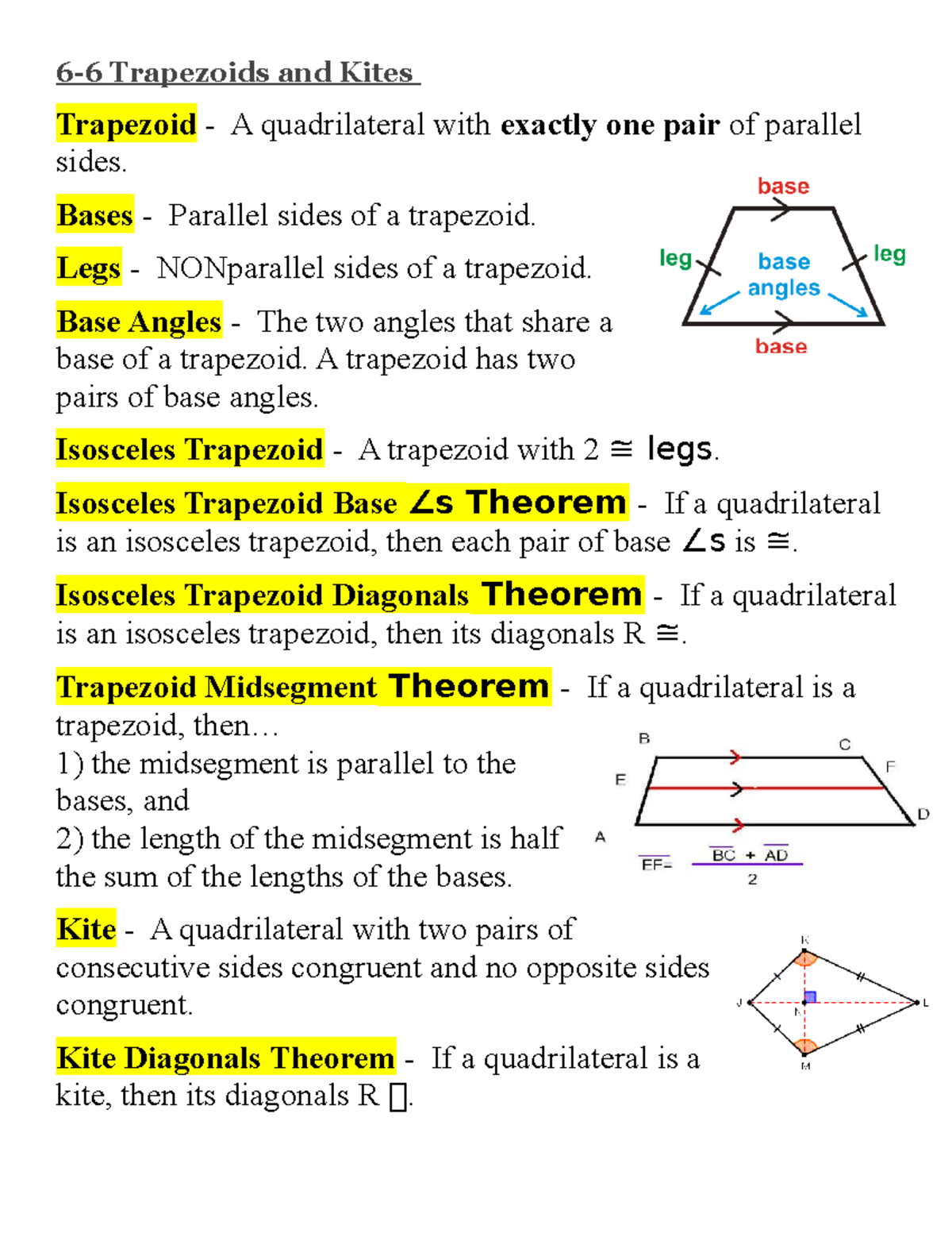 66 Notes 66 Trapezoids and Kites Trapezoid A quadrilateral with