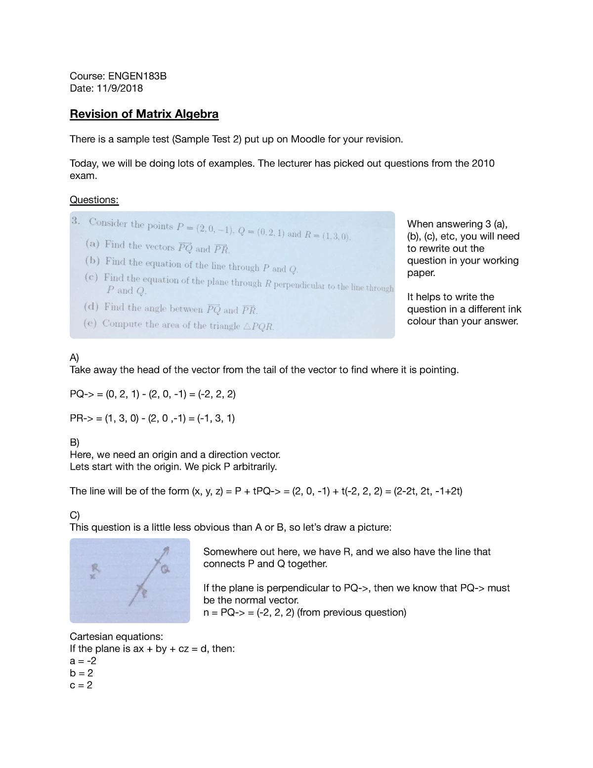 Engen1 B 11 09 18 Lecture Notes 29 Course Engen1b Date 11 Revision Of Matrix Algebra There Is Sample Test Sample Test Put Up On Moodle For Your Revision Studocu