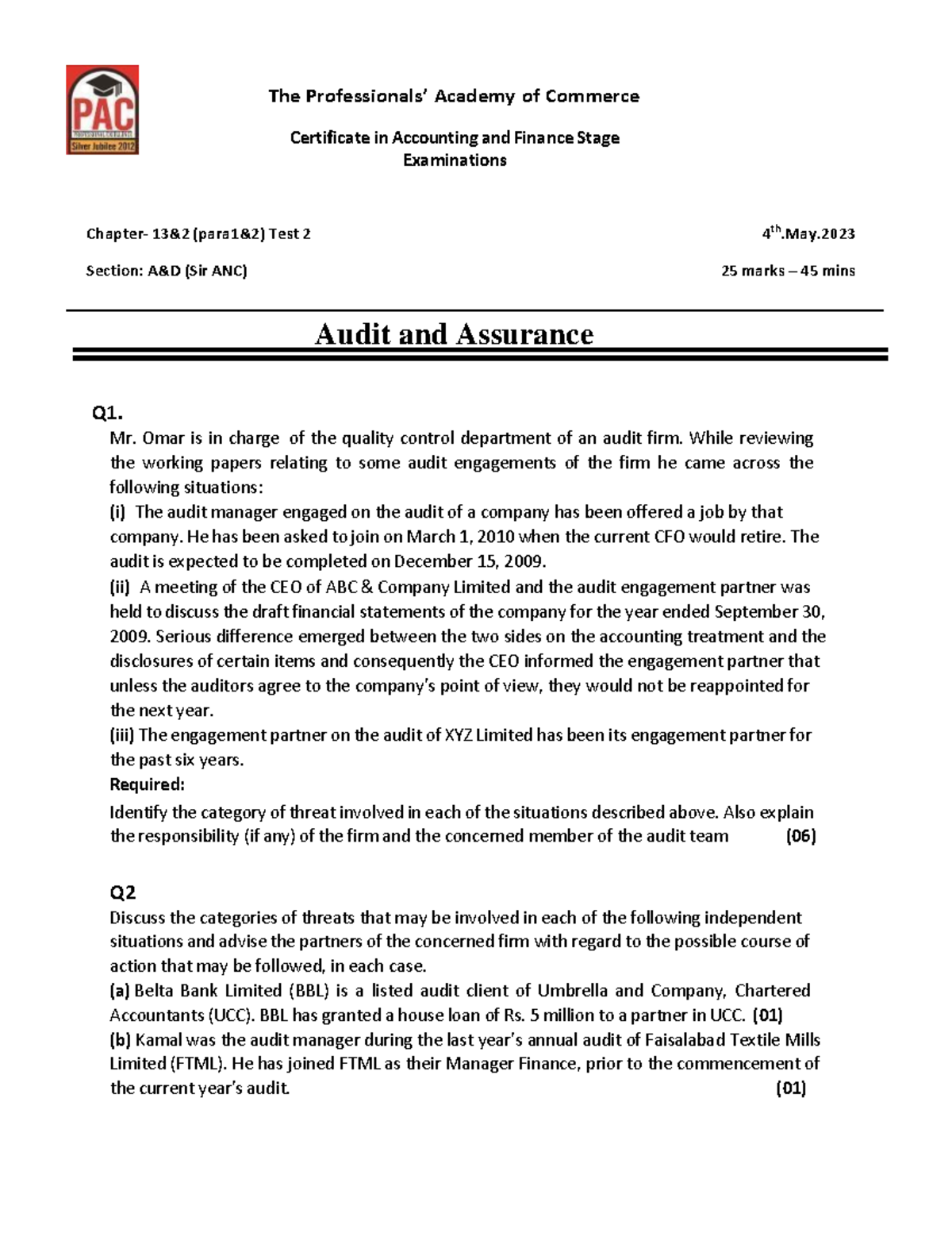 TEST 2 Chapter- 13 and 2 (para1 2) (04-05-23) - The Professionals ...