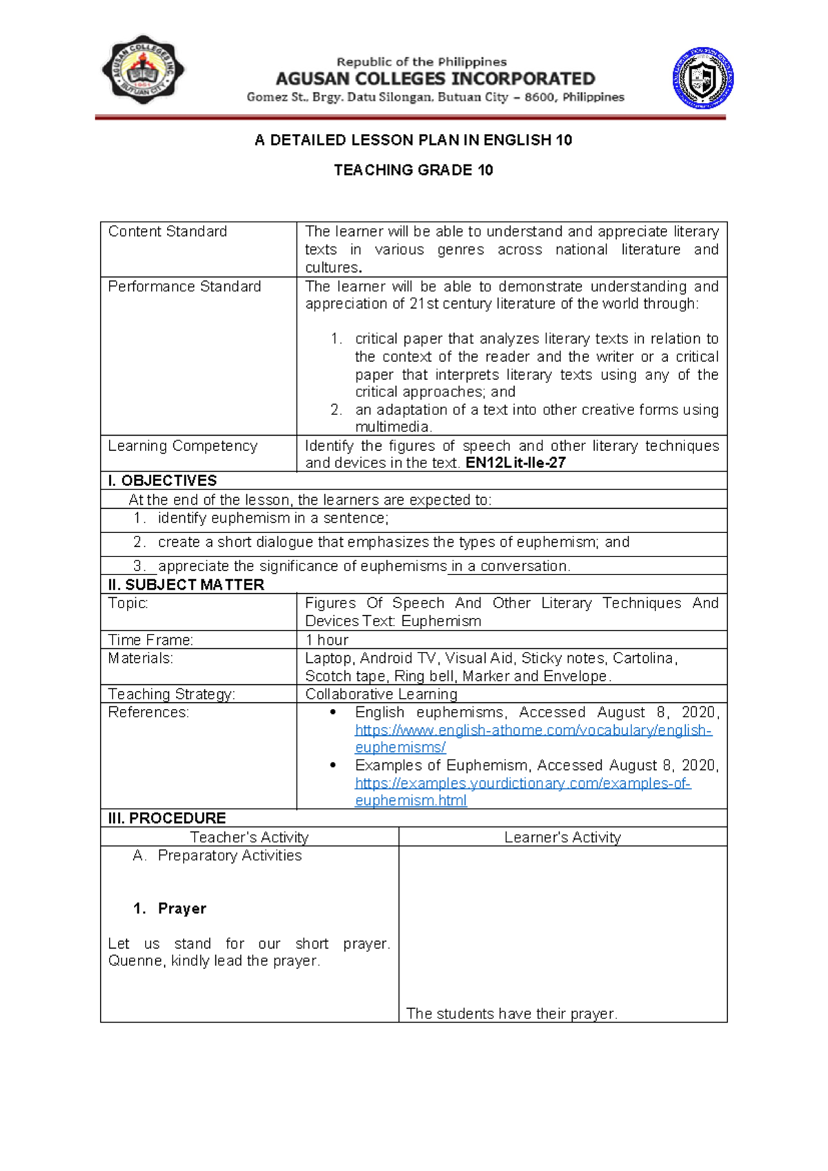 Grand DEMO DLP 1 - A DETAILED LESSON PLAN IN ENGLISH 10 TEACHING GRADE ...