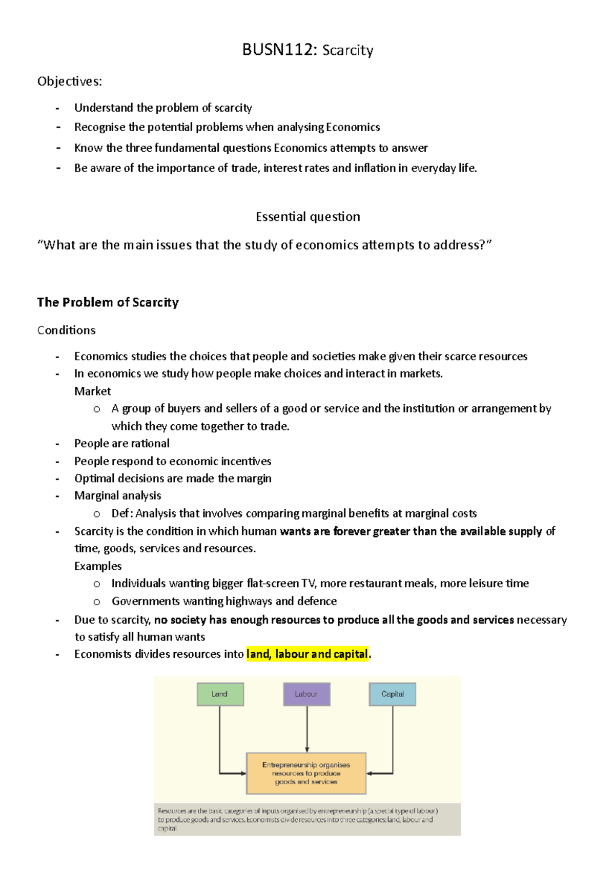 3. Scarcity - lecturer's notes - BUSN112: Scarcity Objectives ...
