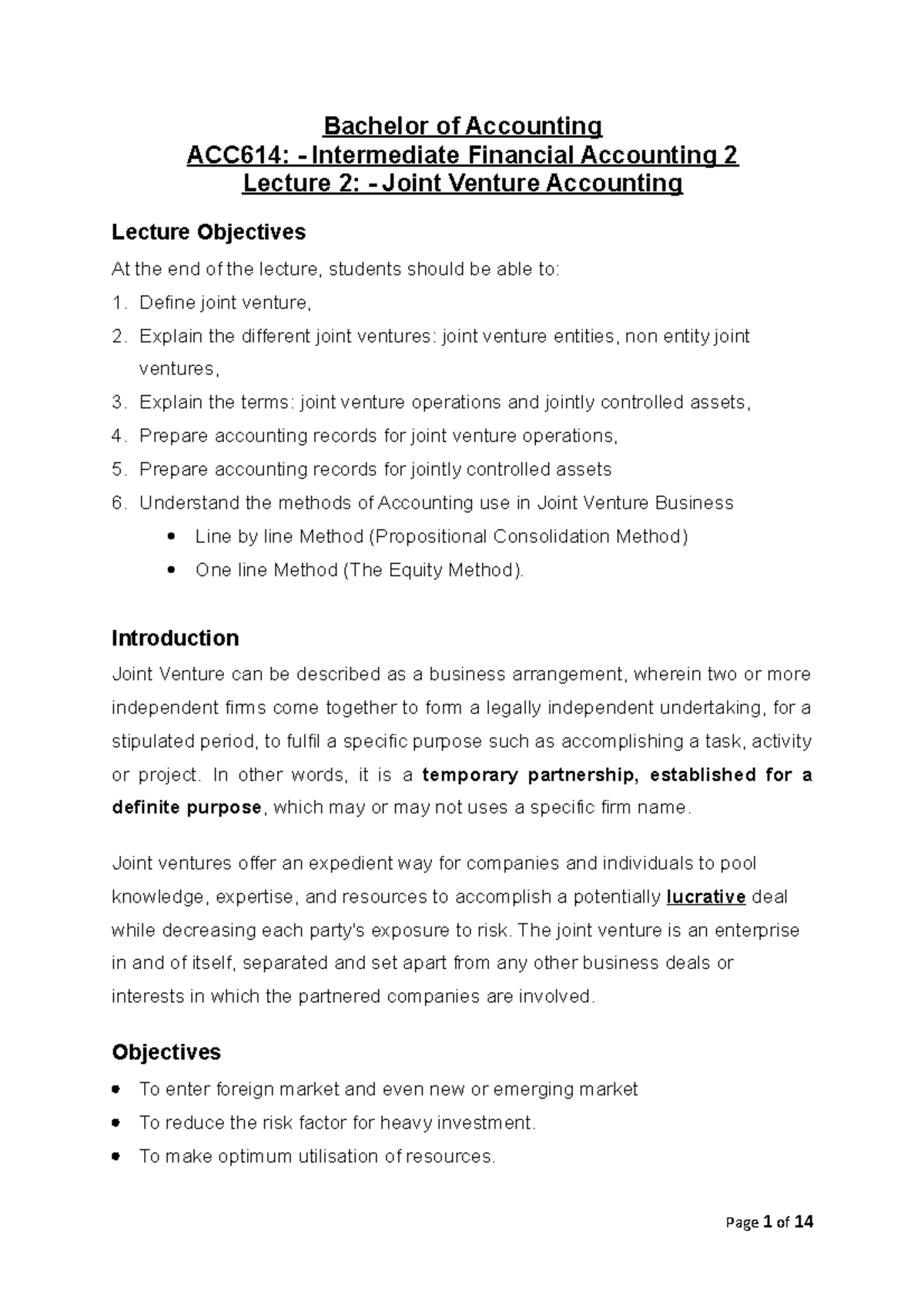 Joint venture accounting Bachelor of Accounting ACC614