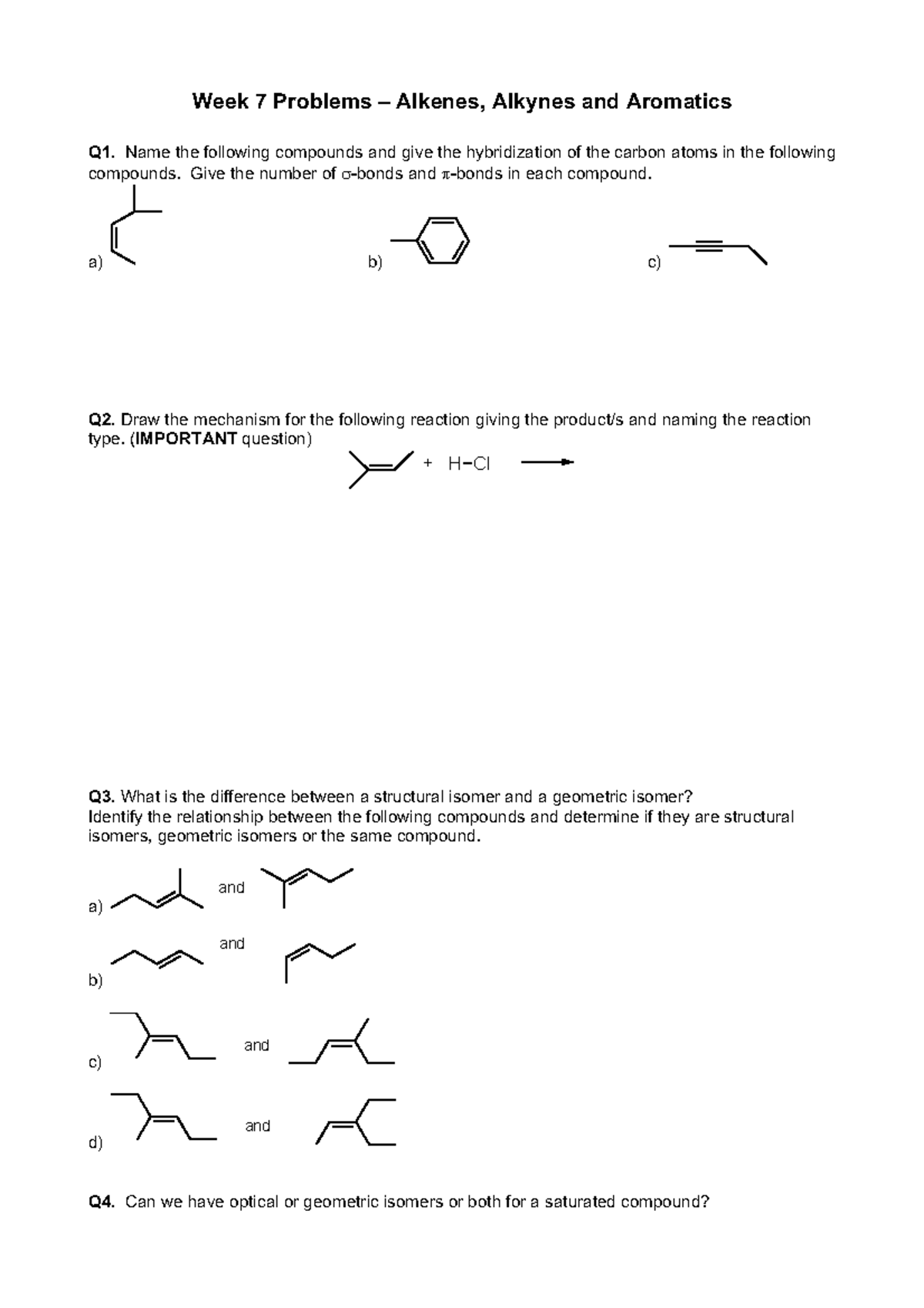 2024 Week 7 Problems - Week 7 Problems – Alkenes, Alkynes and Aromatics ...