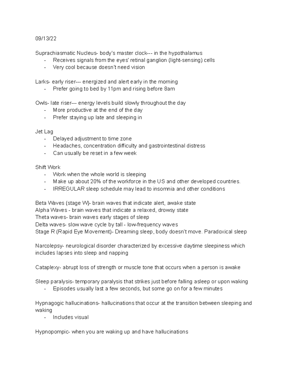 Psychology Chapter 5 notes 09/13/ Suprachiasmatic Nucleus body’s