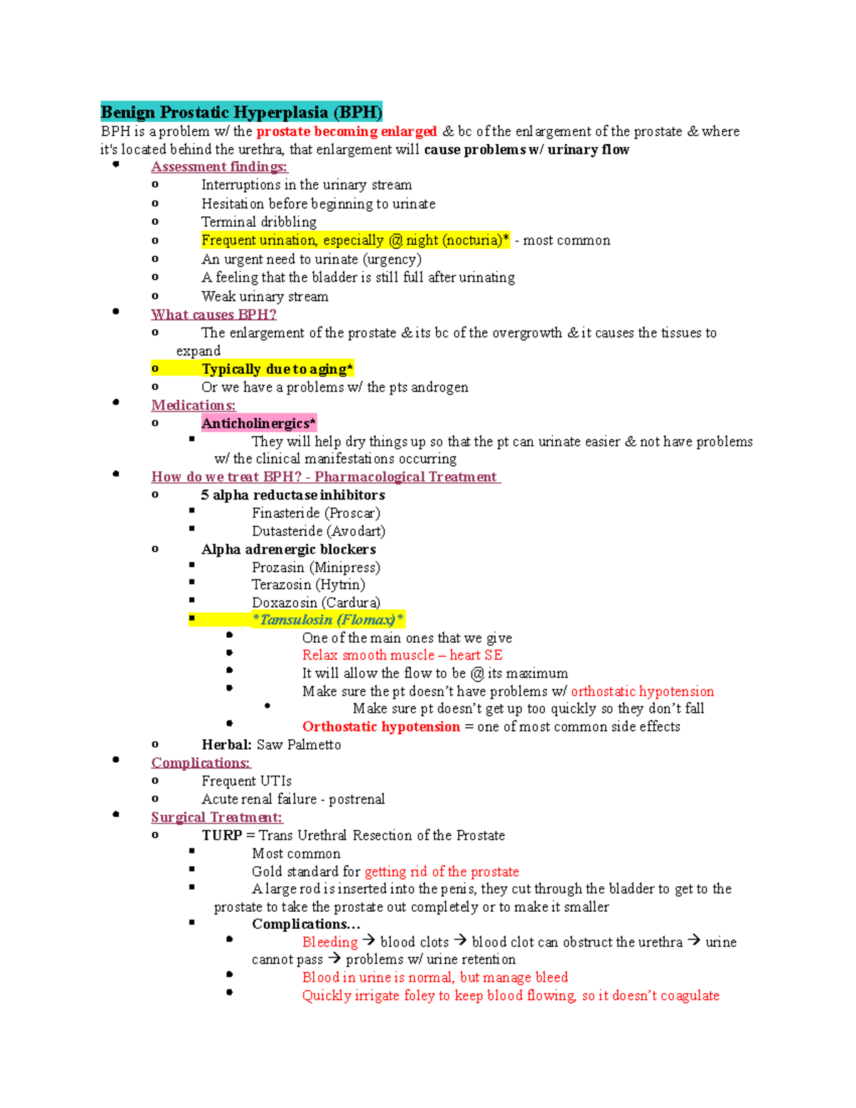 Benign Prostatic Hyperplasia .. Bleeding blood clots blood clot can obstruct the urethra Studocu