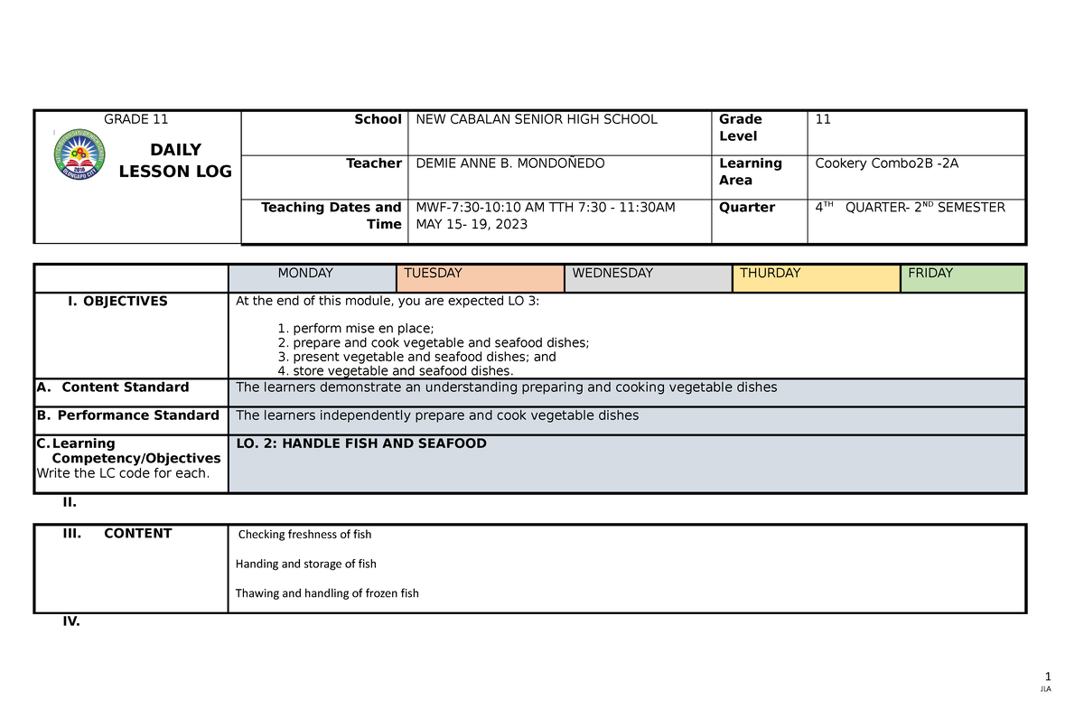 DAILY LESSON PLAN IN SEAFOOD - GRADE 11 DAILY LESSON LOG School NEW ...