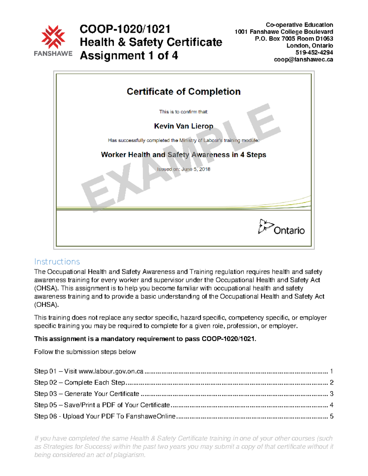 Cooperative Education Assignment 1 Health & Safety Certificate