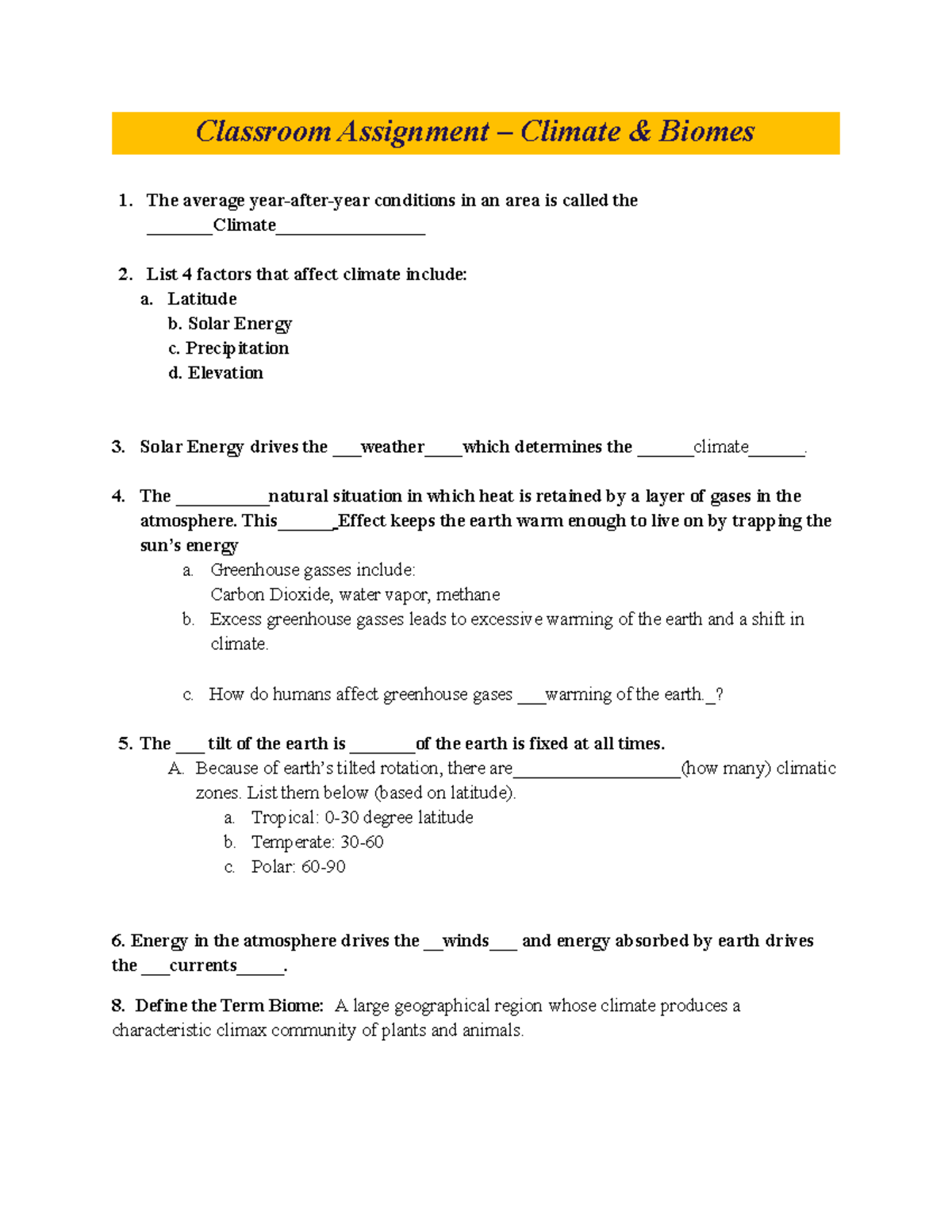 Copy of Climate and Biome Assignment (2022) - Classroom Assignment ...