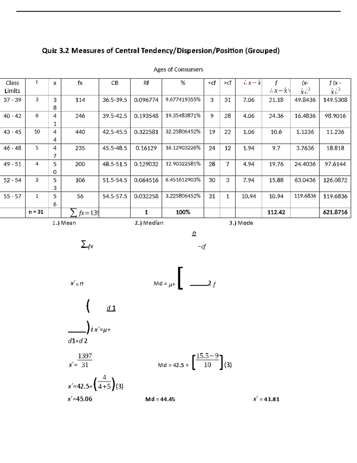 FVU92i V9F30F - Lecture Notes - Quiz 3 Measures of Central Tendency ...