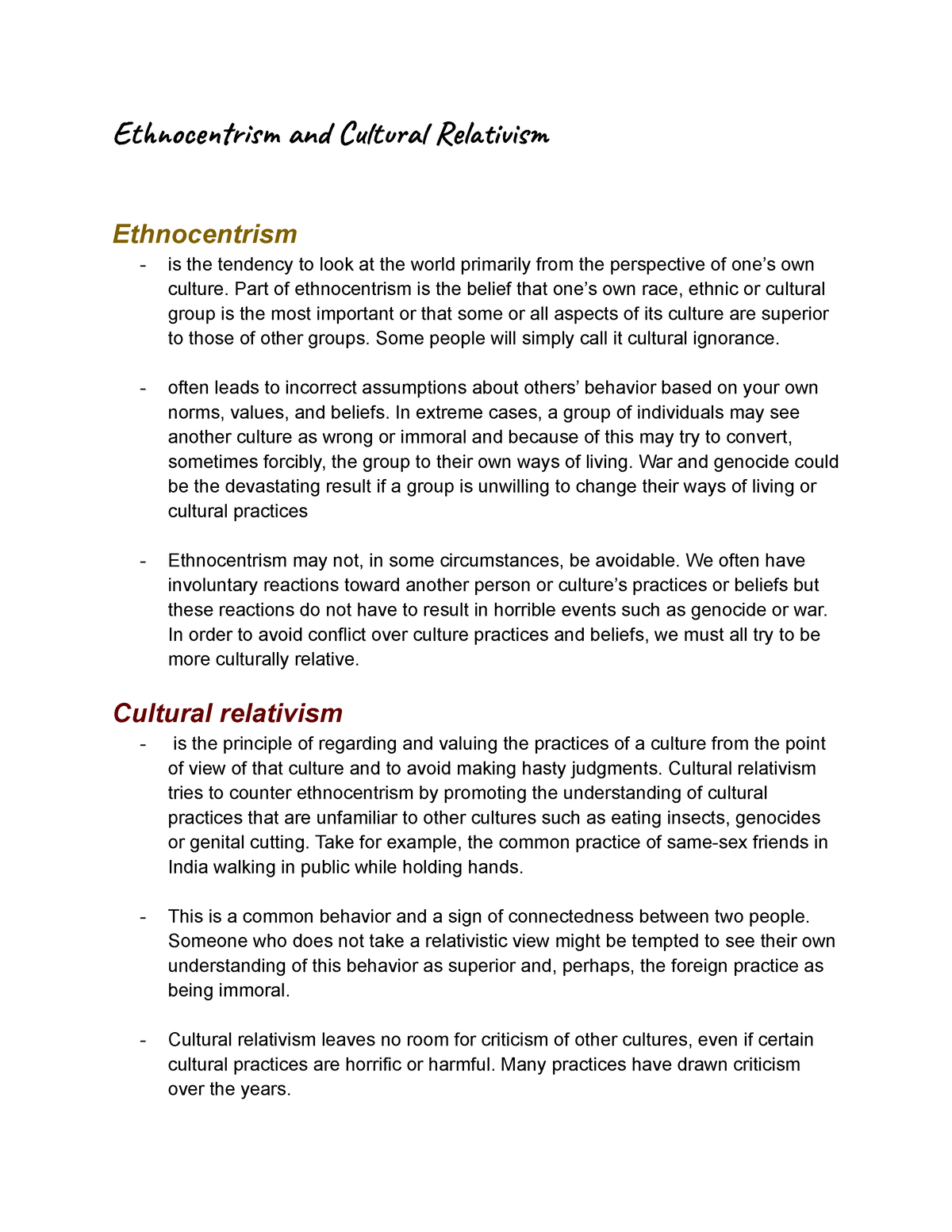 cultural relativism and ethnocentrism essay