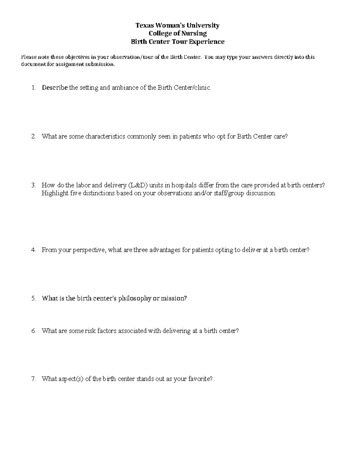 Birth Center Tour Experience Assignment Template - Texas Woman’s ...