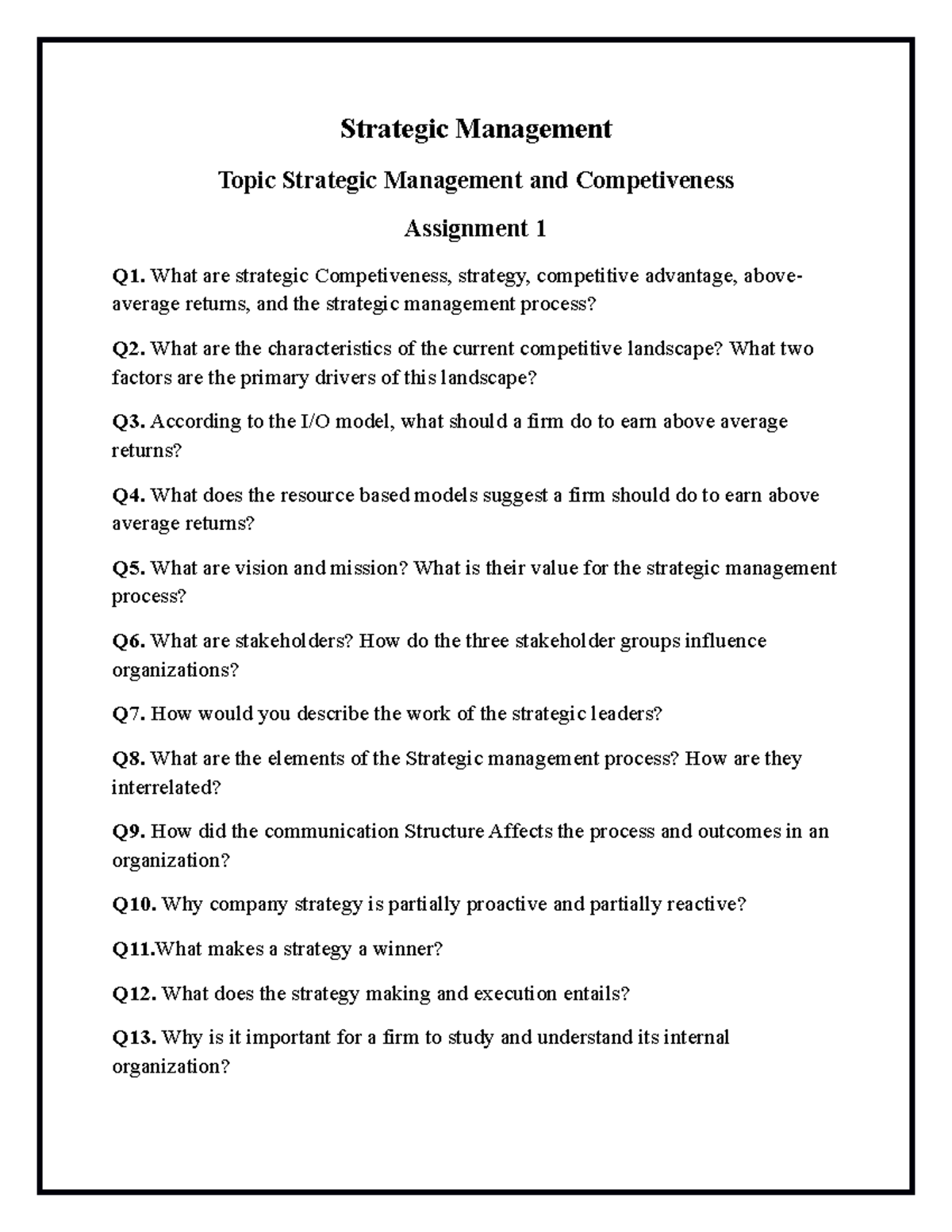 SM Assignment 1 - Strategic Management Topic Strategic Management and ...