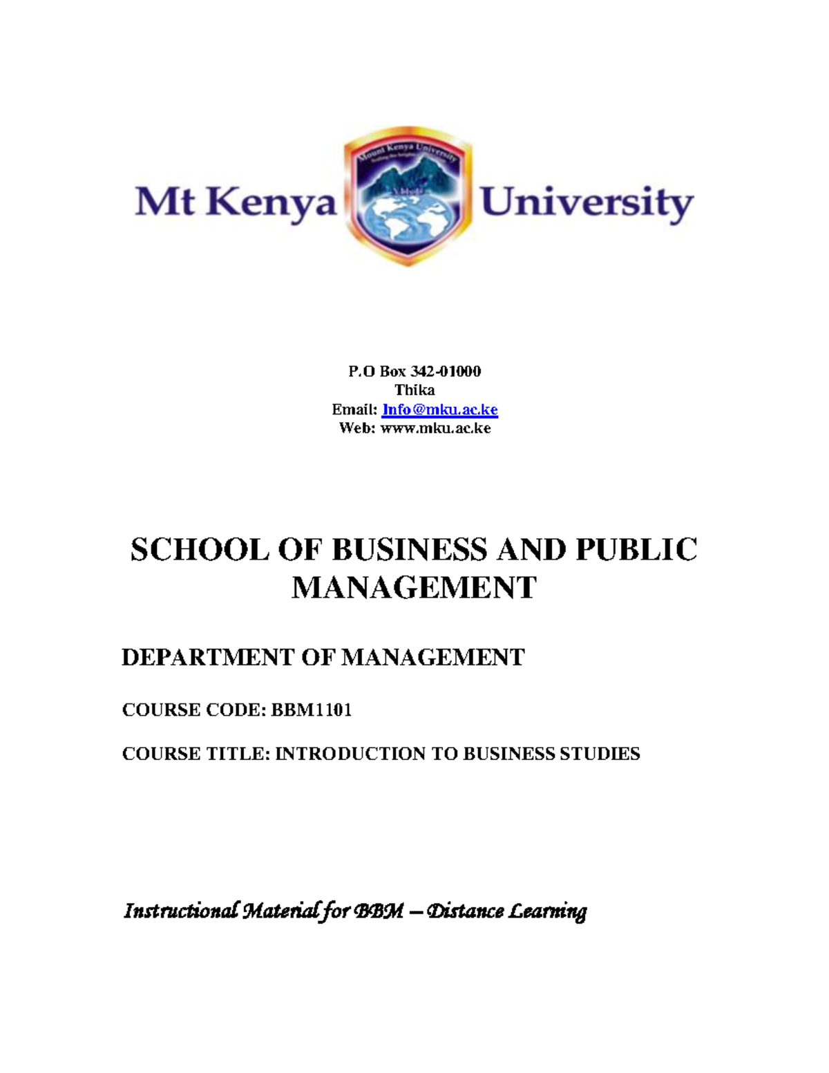 BBM1101+ Introduction+TO++ Business+ Studies - P Box 342- Thika Email ...