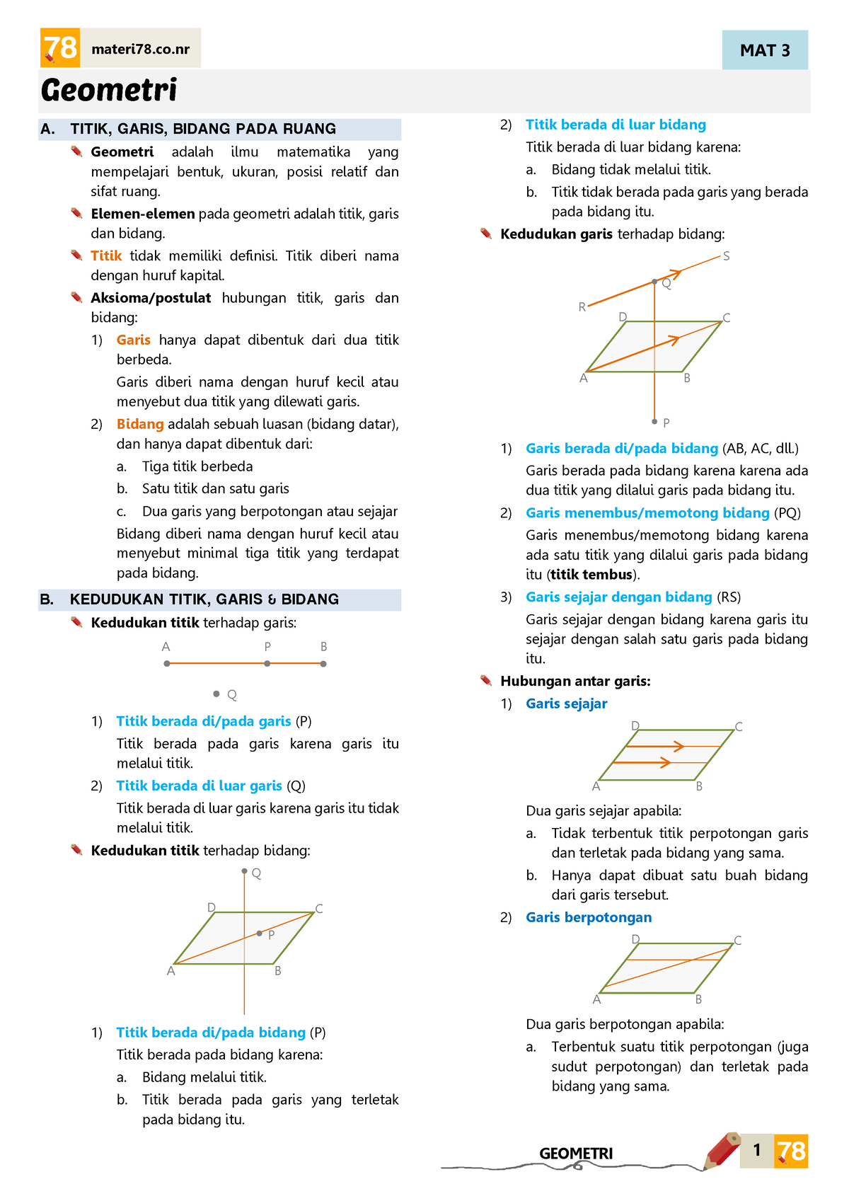 Geometri - MAT 3 1 Geometri A. TITIK, GARIS, BIDANG PADA RUANG Geometri ...