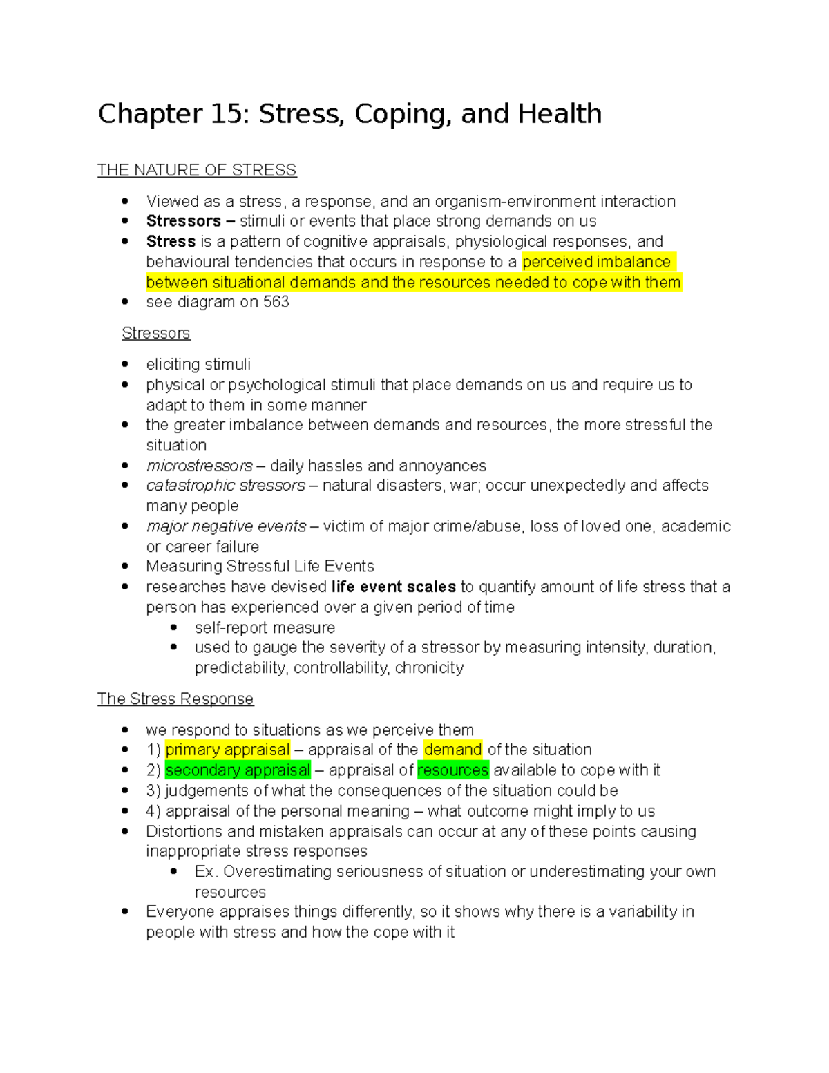 Psych - Chapter 15 - Essential notes - Chapter 15: Stress, Coping, and ...