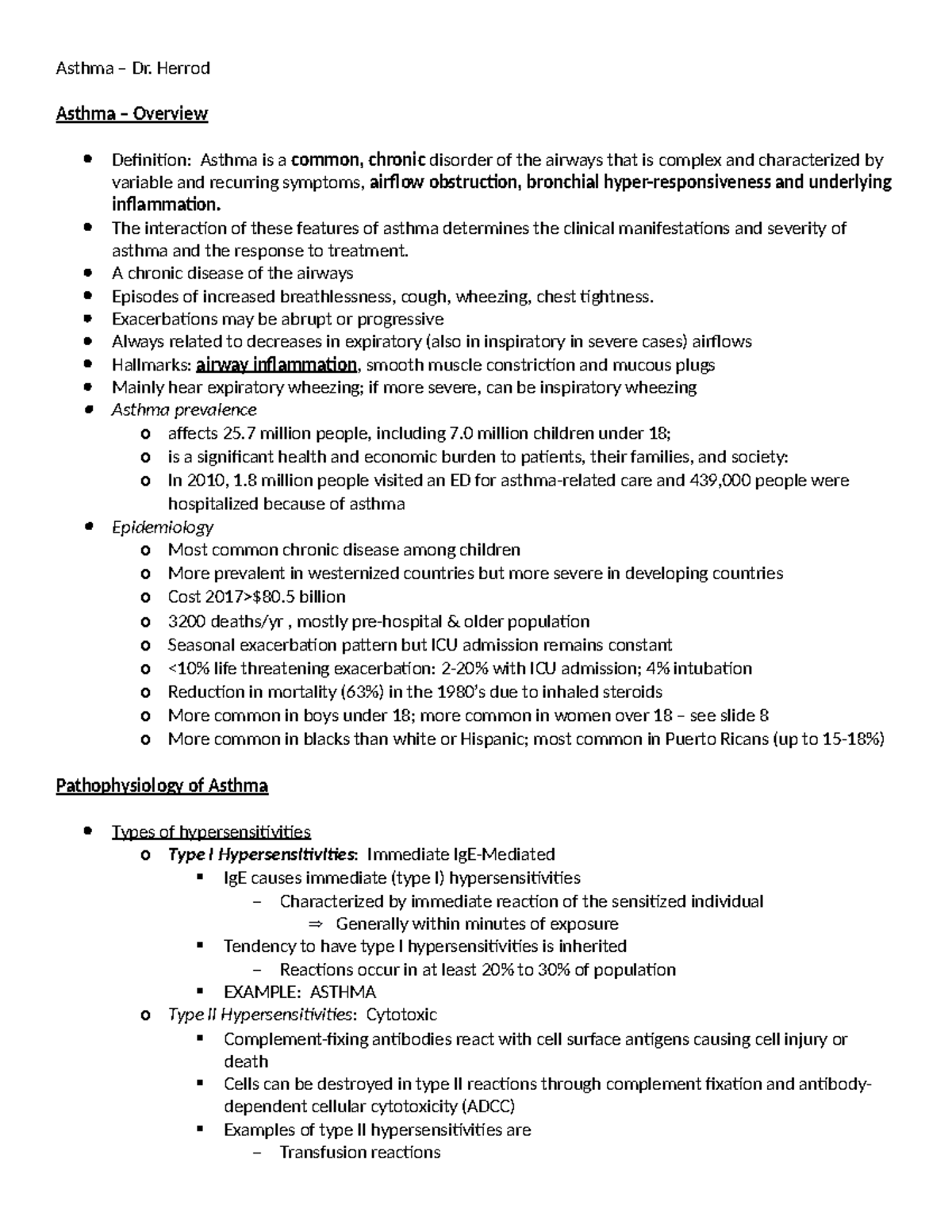 Study Guide Asthma - Asthma – Dr. Herrod Asthma – Overview Definition 