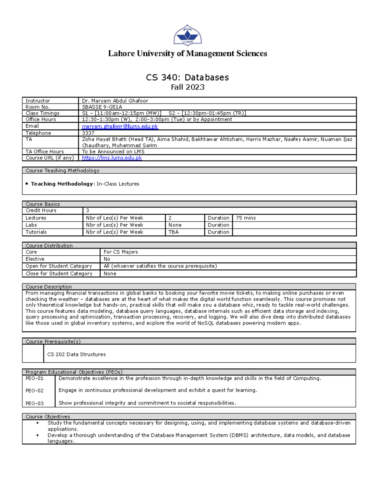 CS340Course Outline CS 340 Databases Fall 2023 Instructor Dr