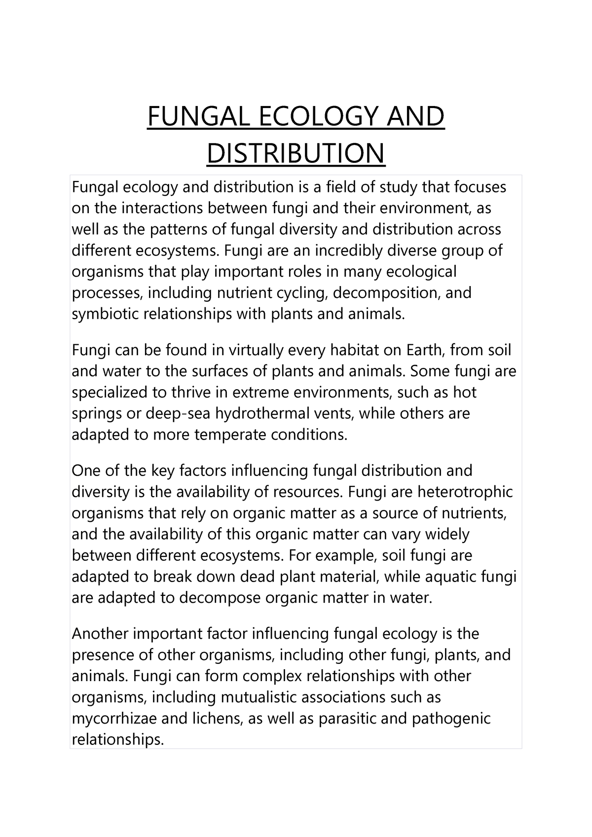 Fungal Ecology AND Distribution - FUNGAL ECOLOGY AND DISTRIBUTION ...