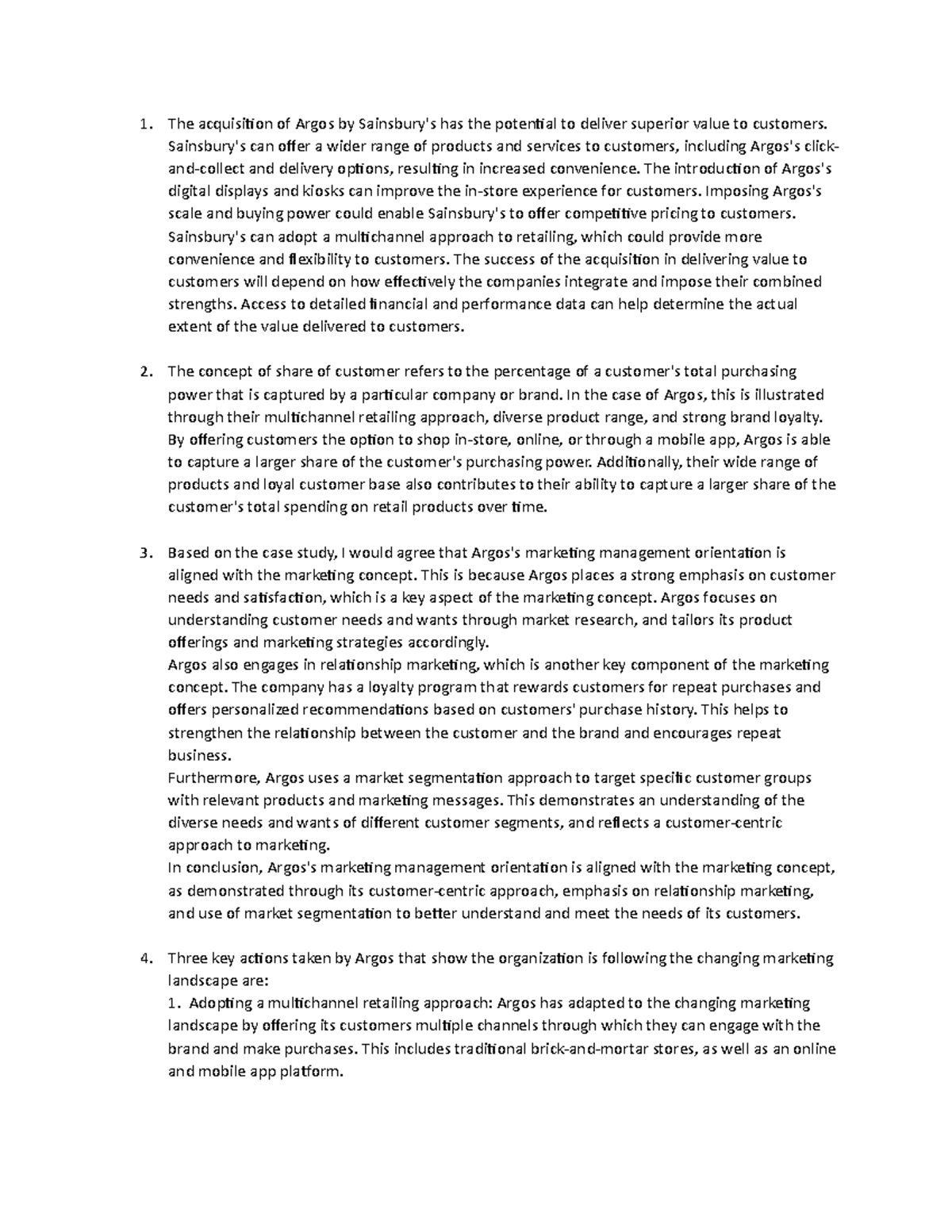 Case study mrkting 1 The acquisition of Argos by Sainsbury's has the potential to deliver