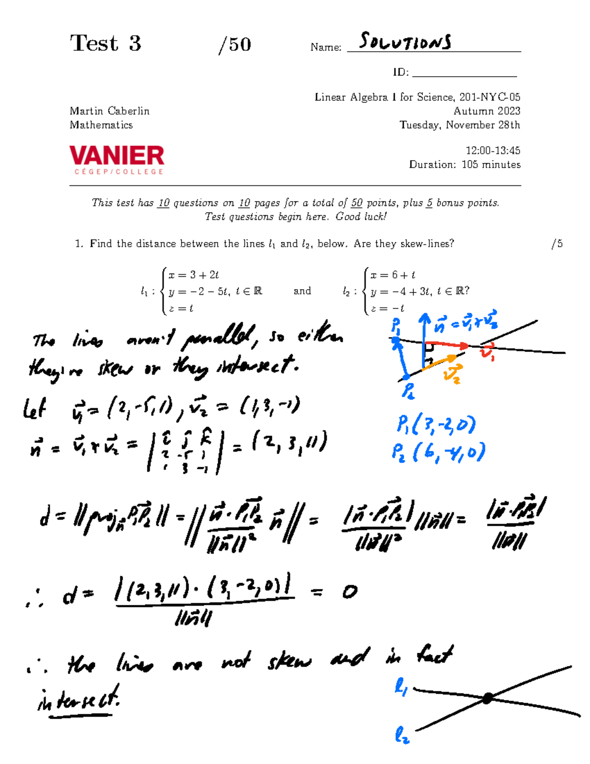 2023 3A NYC Test3 solutions - Test 3 /50 Name: ID: Linear Algebra I for ...