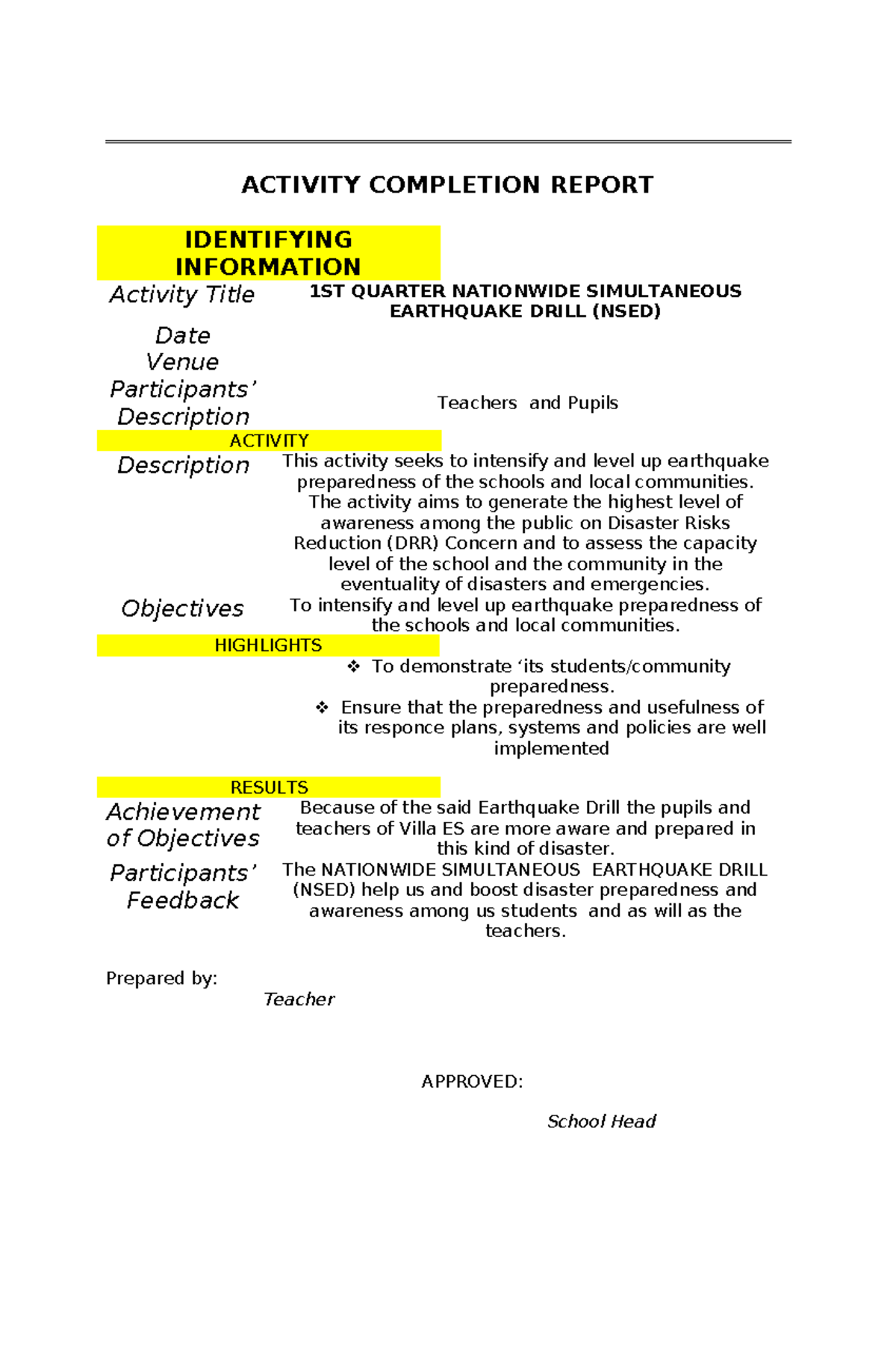 ACR for NSED - activity completion report on earth quake drill ...