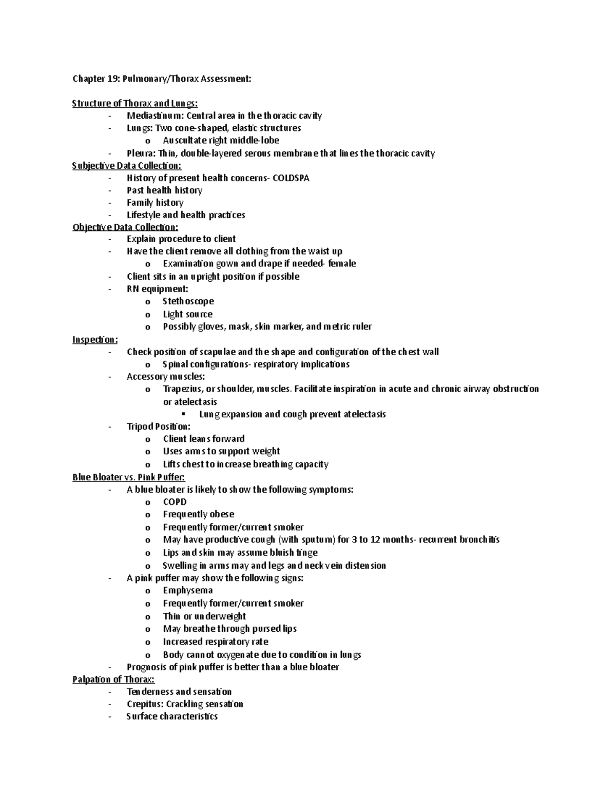 Chapter 19 - Outline - Chapter 19: Pulmonary/Thorax Assessment ...