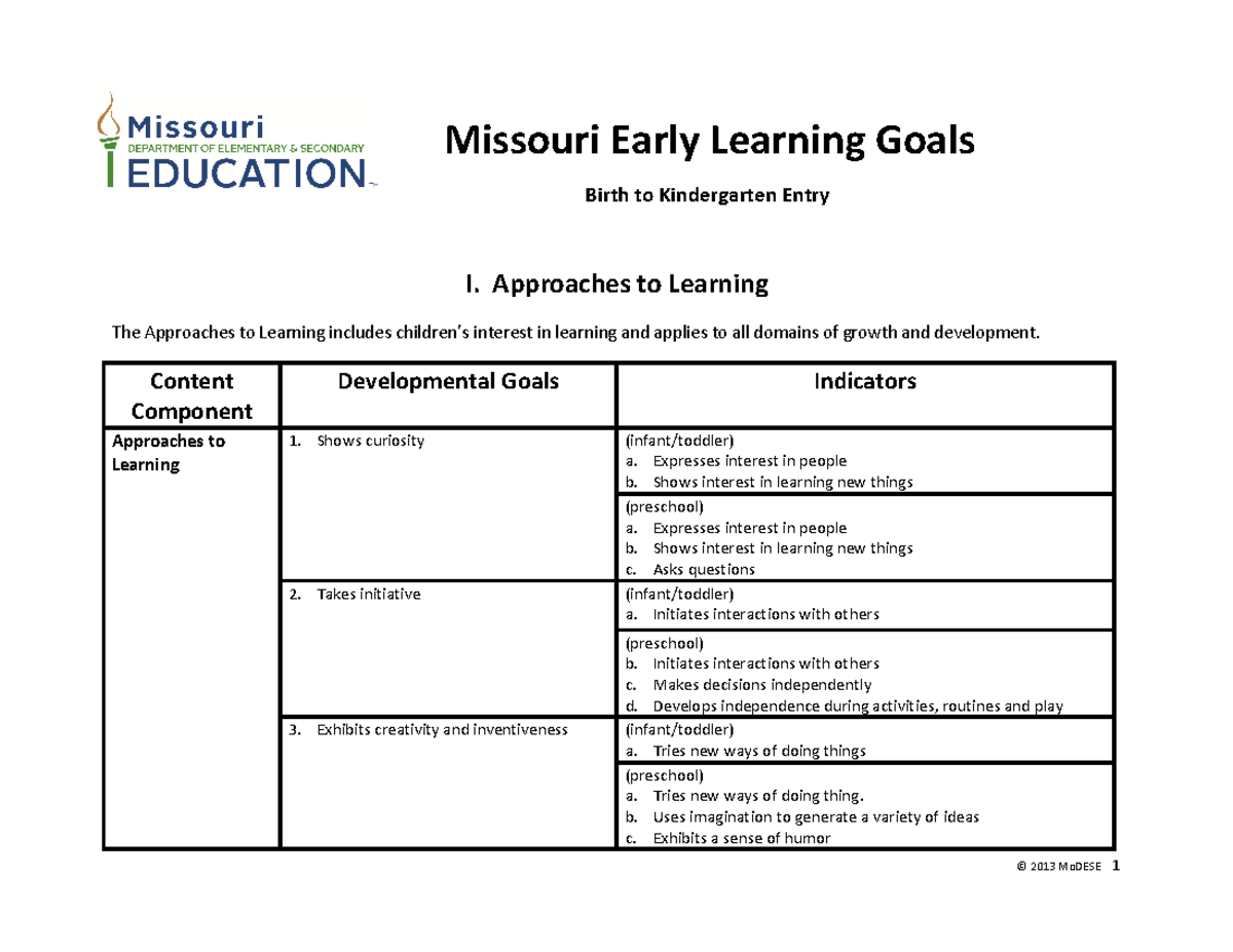 MO Early Learning Goals 2019 Missouri Early Learning Goals Birth to