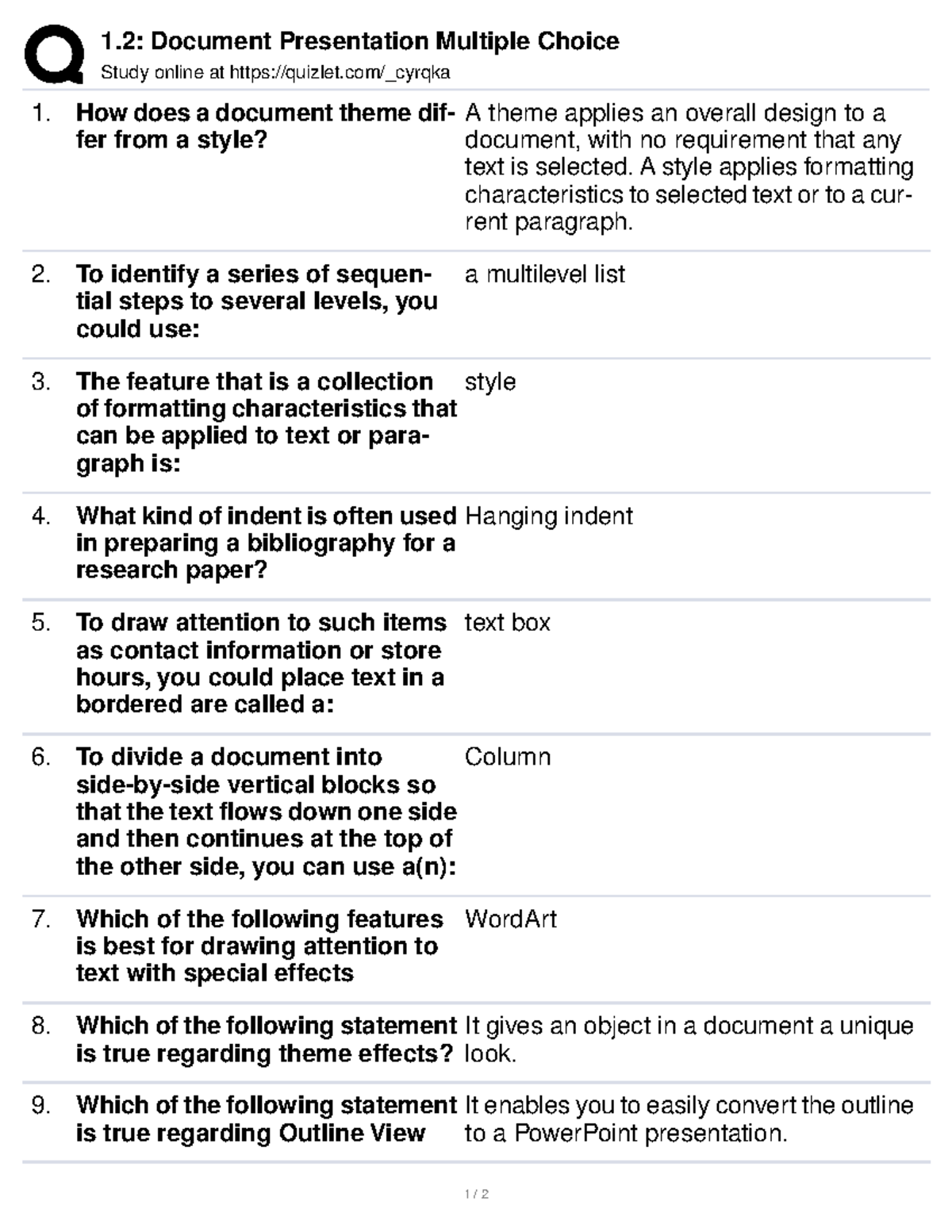 1.2 Document Presentation Multiple Choice - 1: Document Presentation ...