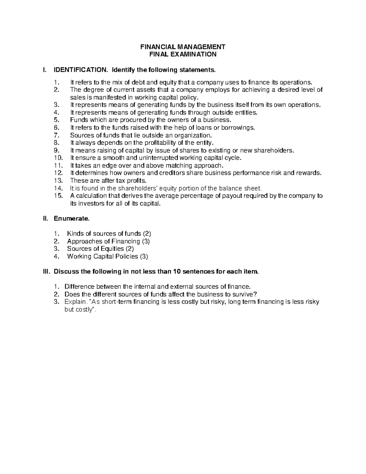 Final Examination - STUDY GUIDE - FINANCIAL MANAGEMENT FINAL ...