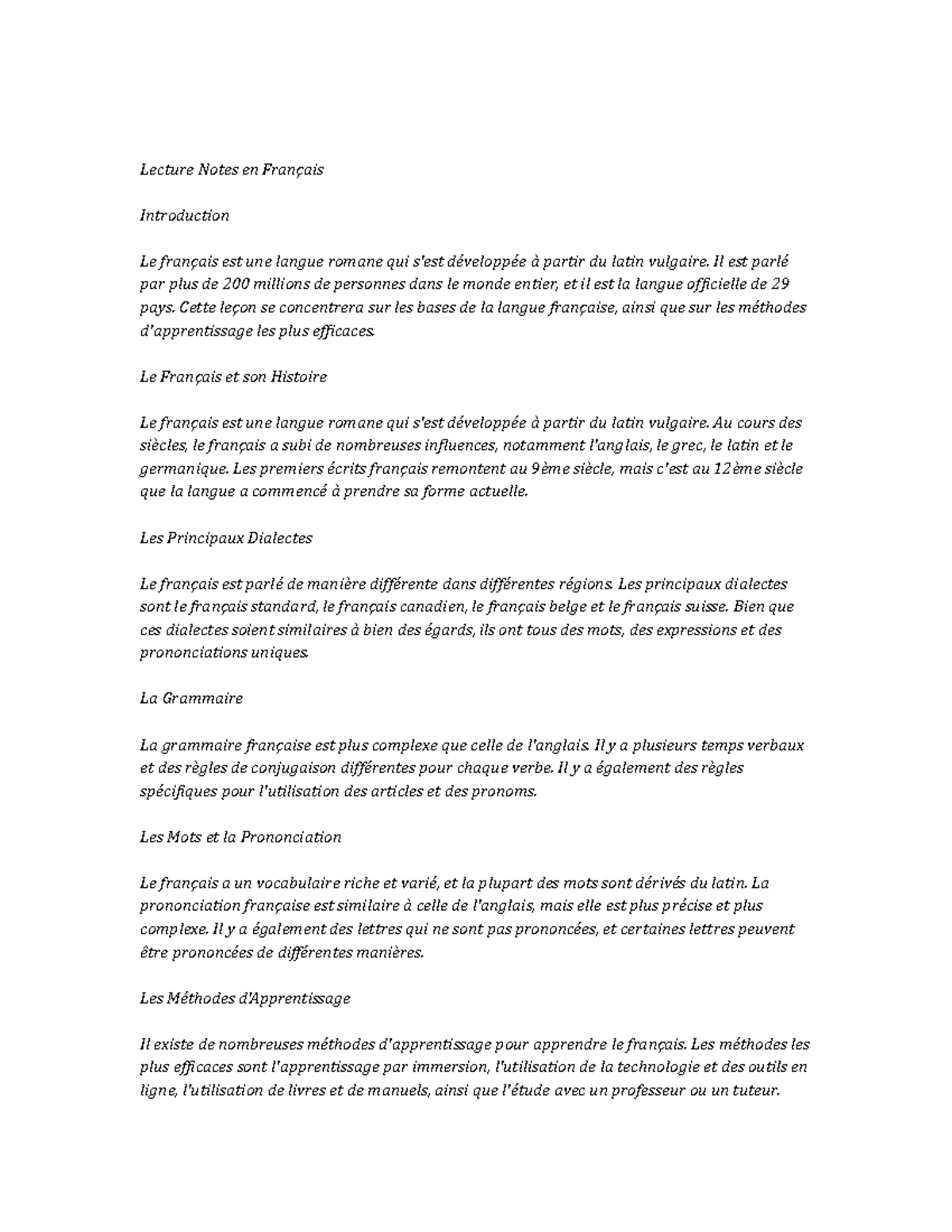 French Notes de cours - Lecture Notes en Français Introduction Le ...