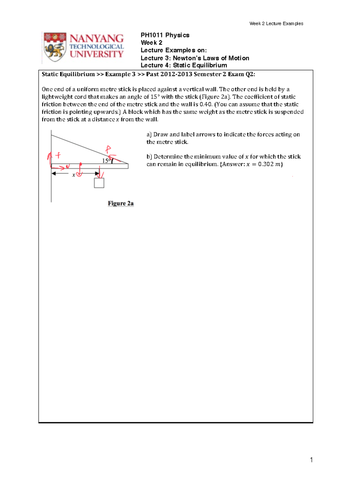 Ex2 - Class Example 2 - Week 2 Lecture Examples 1 Static Equilibrium ...