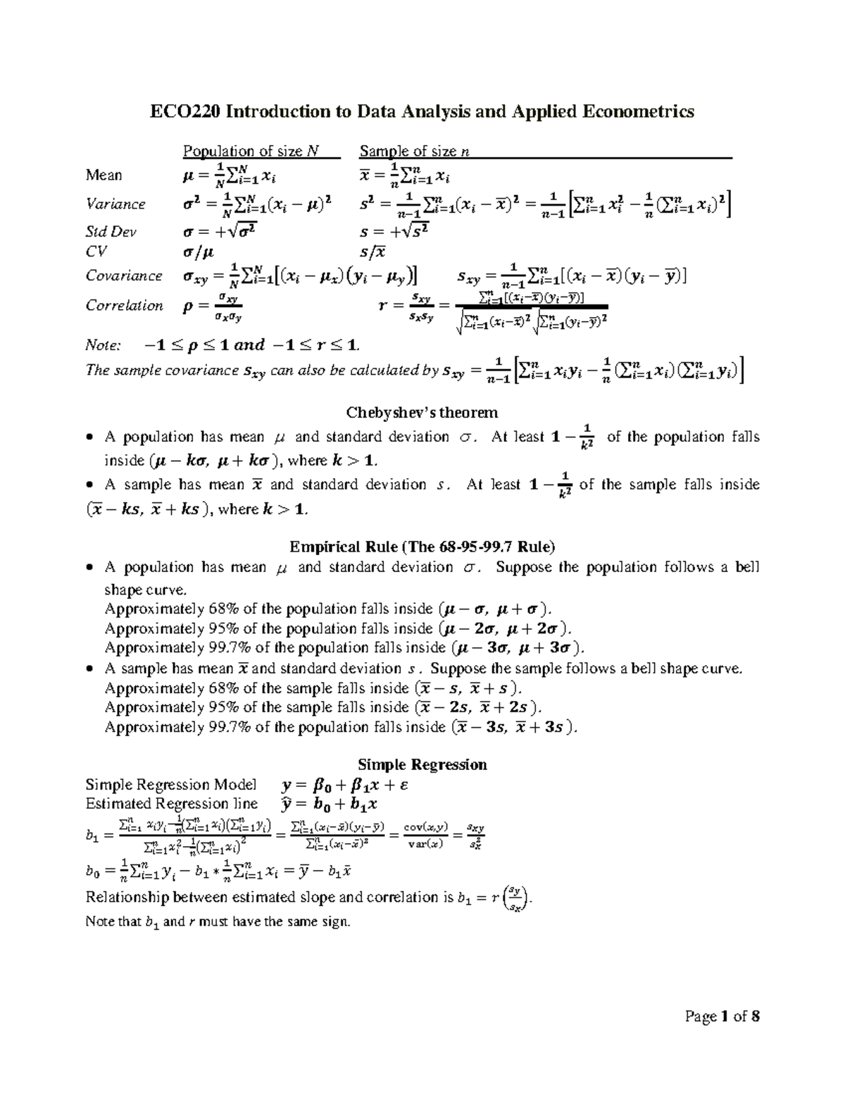 Eco220 Formula Sheet For Final Exam Eco220 Introduction To Data Analysis And Applied 6010