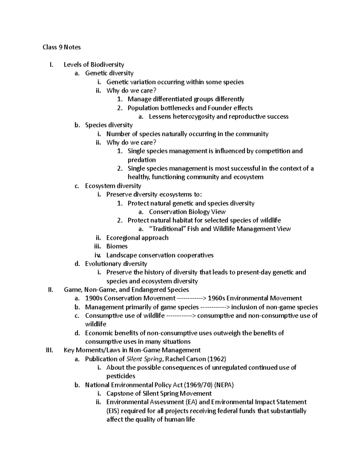 FIW2114- Class 9 Notes - Class 9 Notes I. Levels of Biodiversity a ...