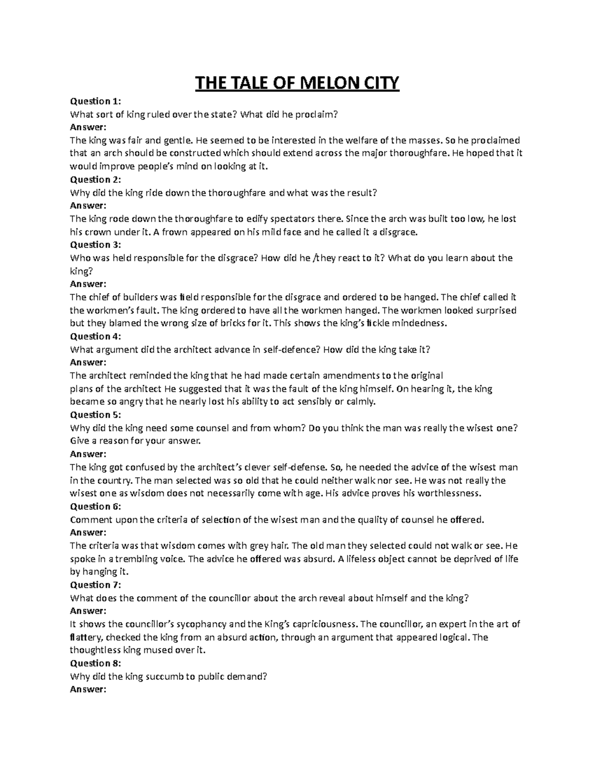 The Tale Of A Melon City THE TALE OF MELON CITY Question 1 What sort