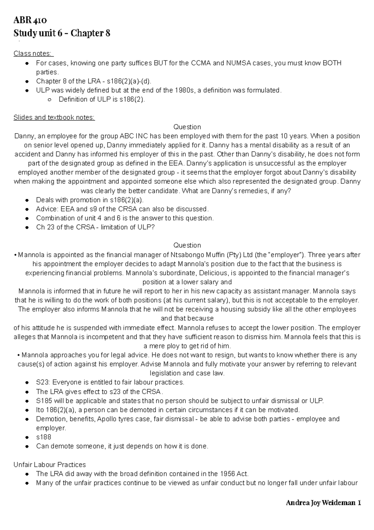 Labour law for final years - ABR 410 Study unit 6 Chapter 8 Class notes ...