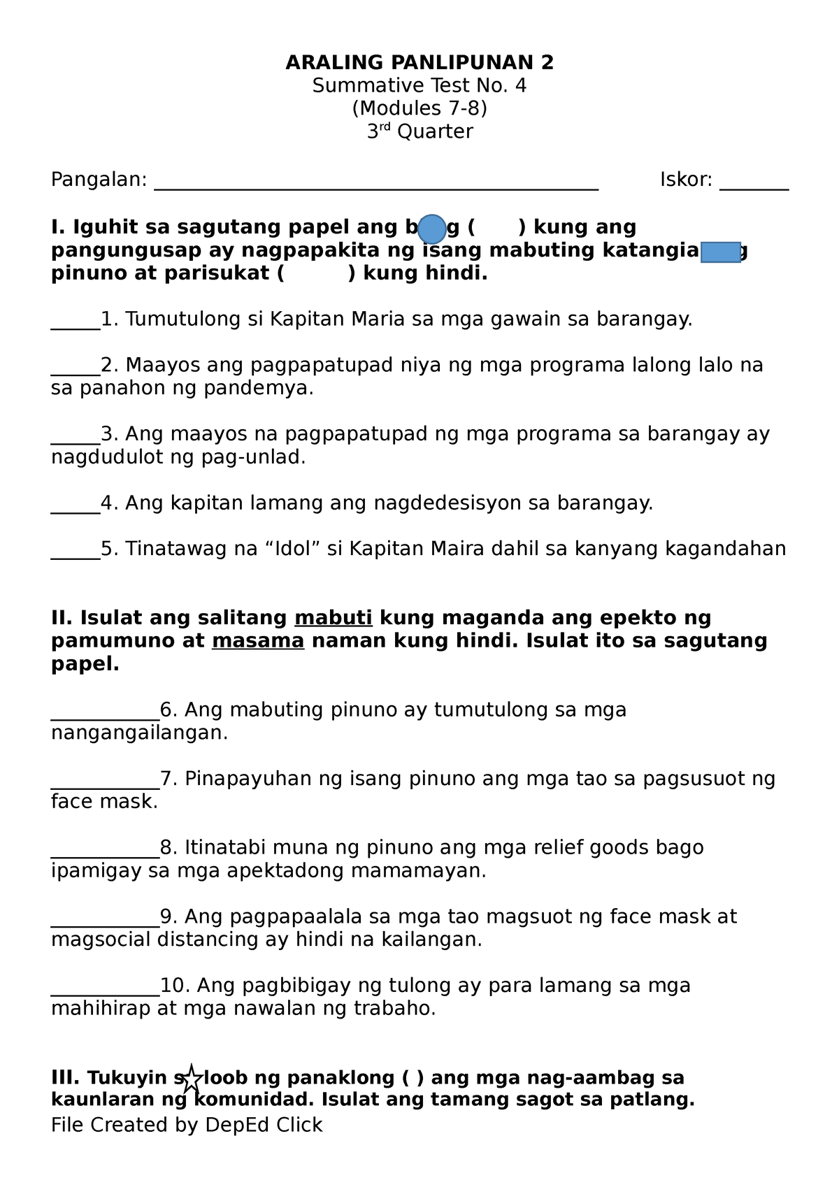 AP2 ST4 Q3 - Ap4 - ARALING PANLIPUNAN 2 Summative Test No. 4 (Modules 7 ...