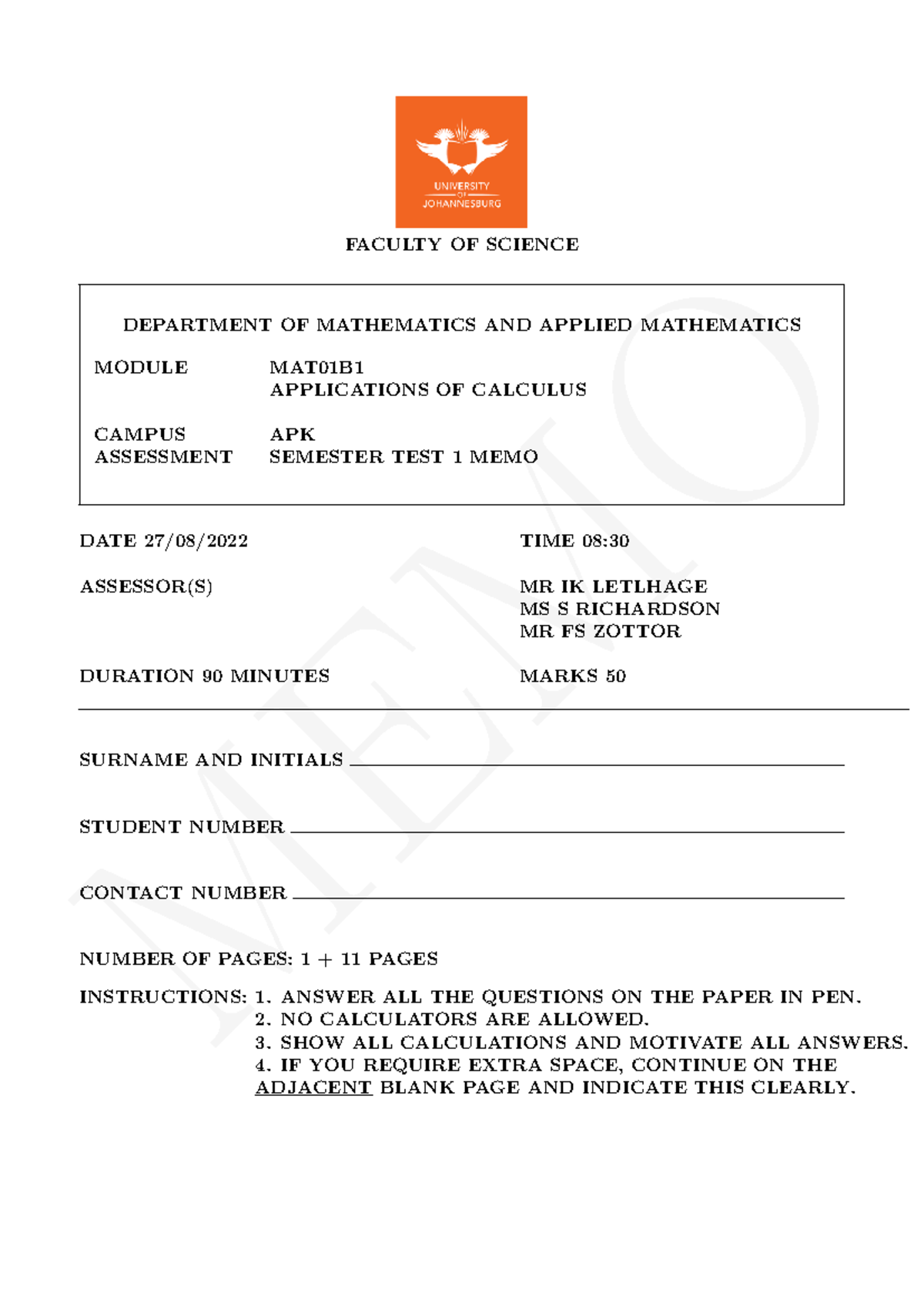 MAT01B1 2022 Semester test 1 memo - MEMO FACULTY OF SCIENCE DEPARTMENT ...