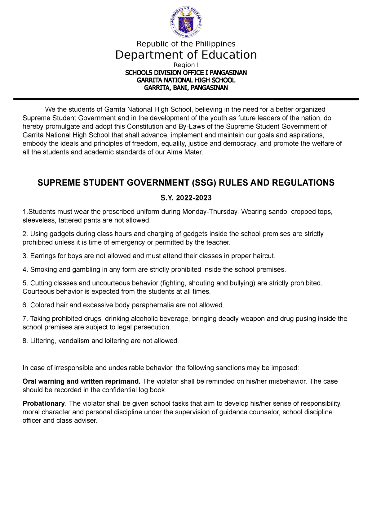 2 paragraph essay about school rules and regulations philippines