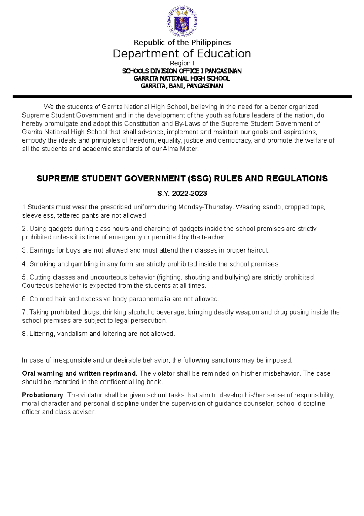  SSG Rules AND Regulations Republic Of The Philippines Department Of 