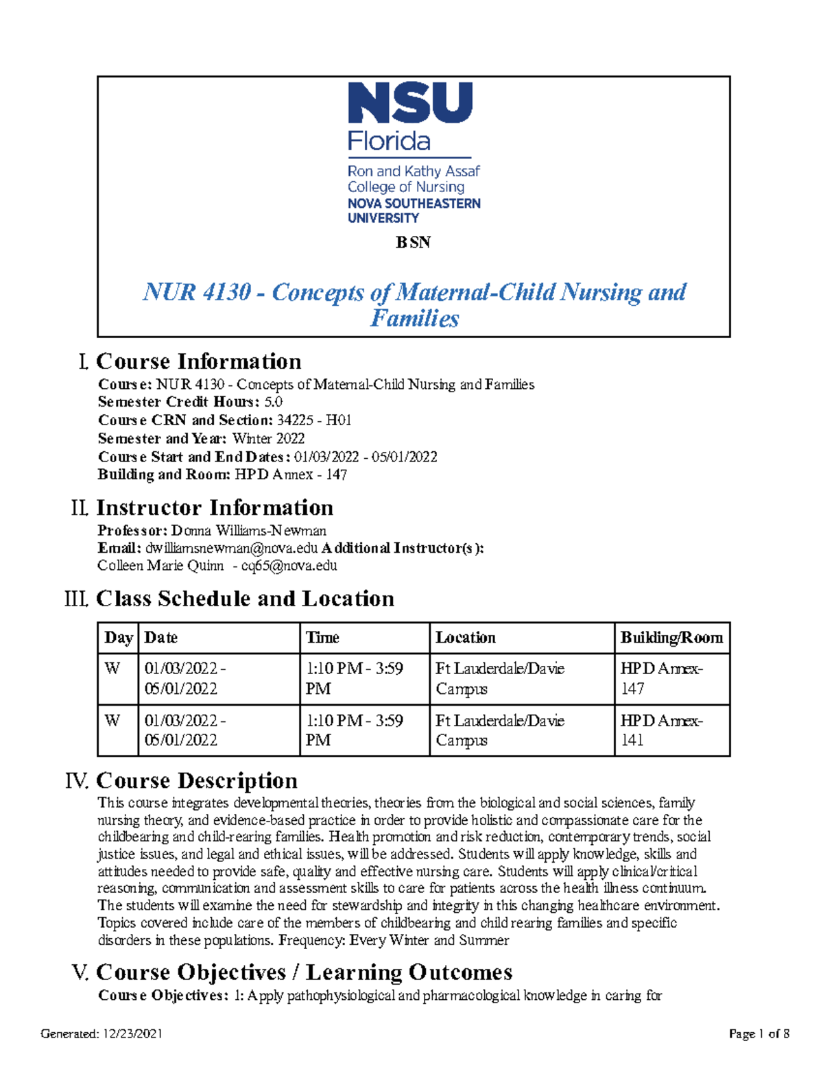 Syllabus NUR 4130 Mother and Child BSN NUR 4130 Concepts of MaternalChild Nursing and