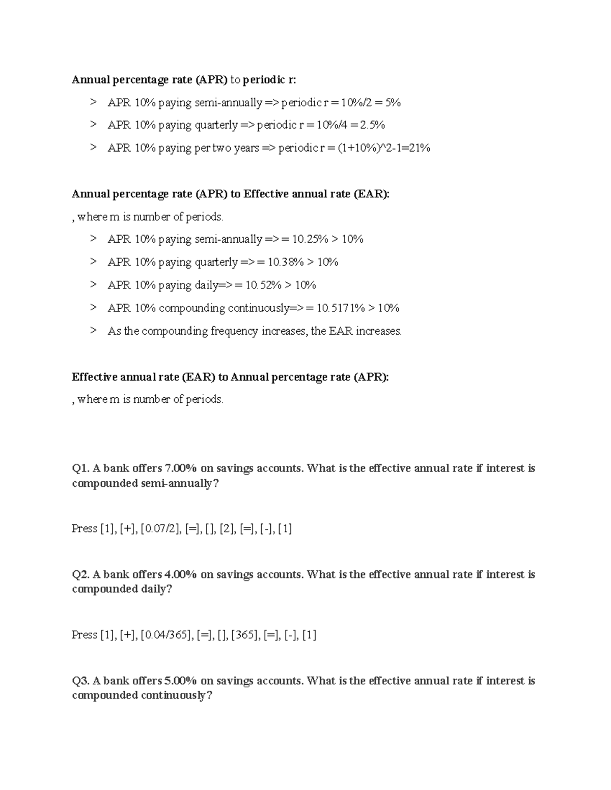 Notes #2 for Loan Amortization - Annual percentage rate (APR) to ...