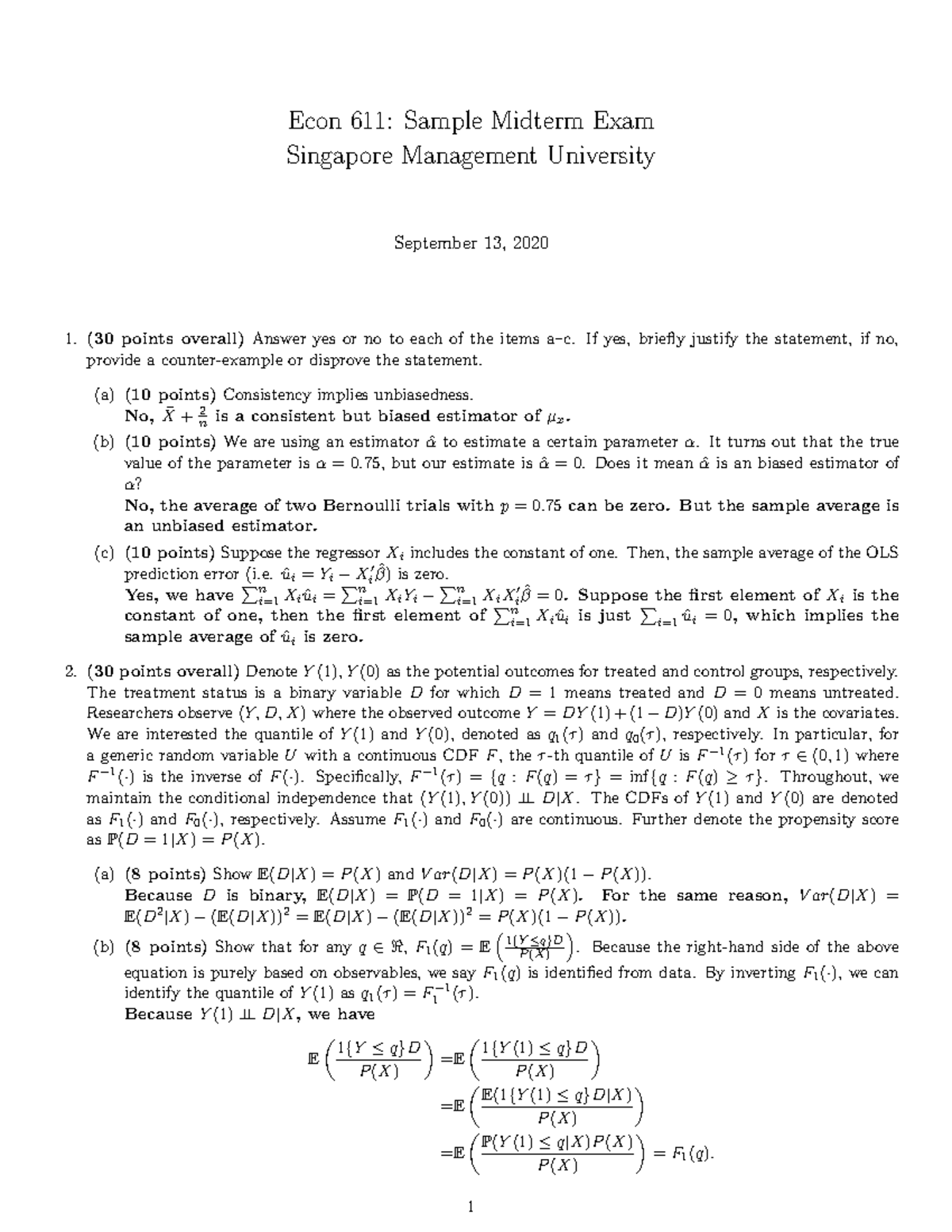 Midterm September Questions And Answers Econ 611 Sample Midterm Exam Singapore Management University September 13 30 Points Overall Answer Yes Or No To Studocu