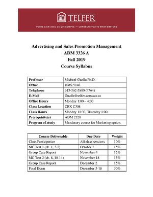 ADM3326 A Syllabus Fall 2019 - Advertising and Sales Promotion 